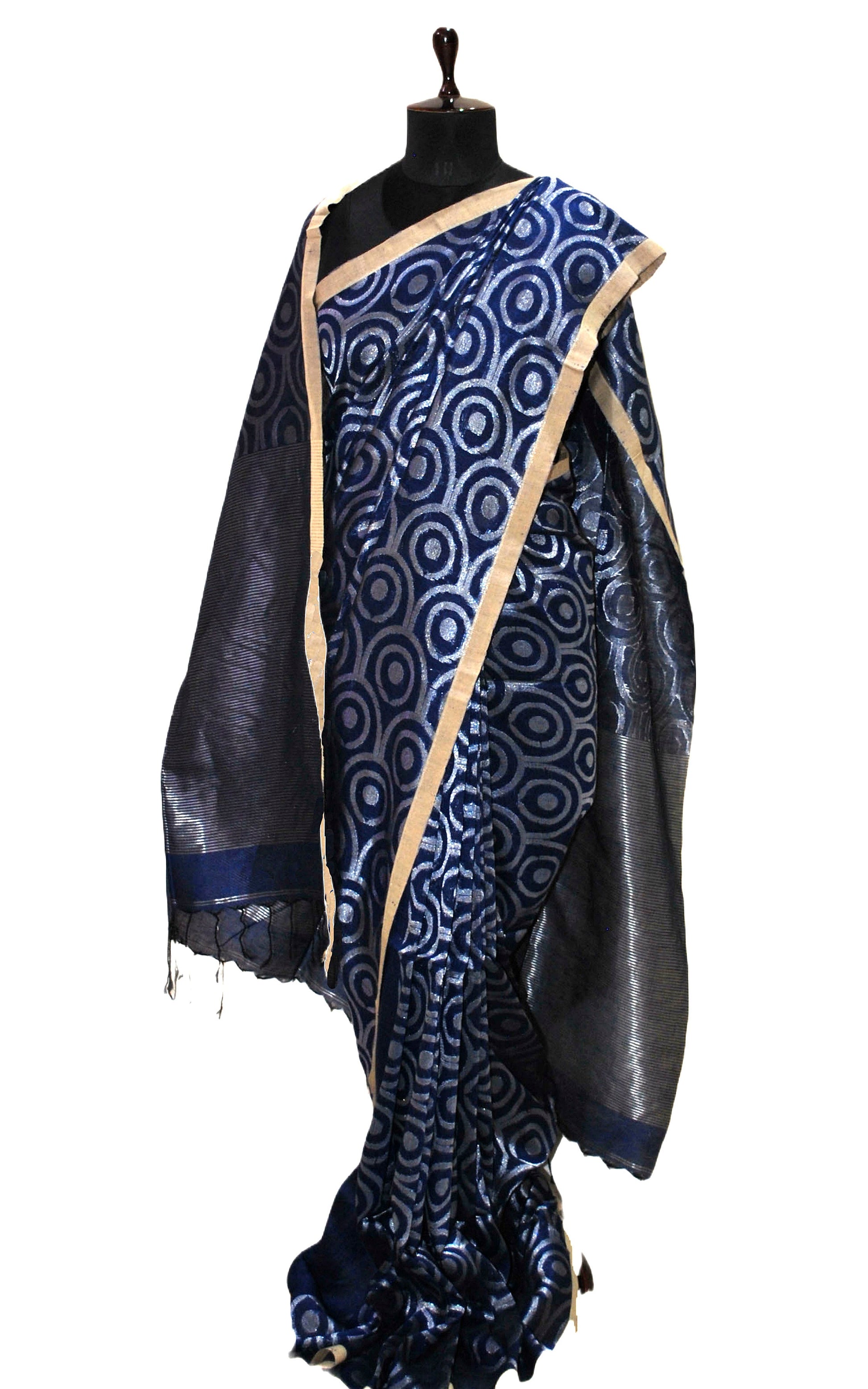 Chakram Motif Designer Brocade Linen Saree in Midnight Blue and Silver