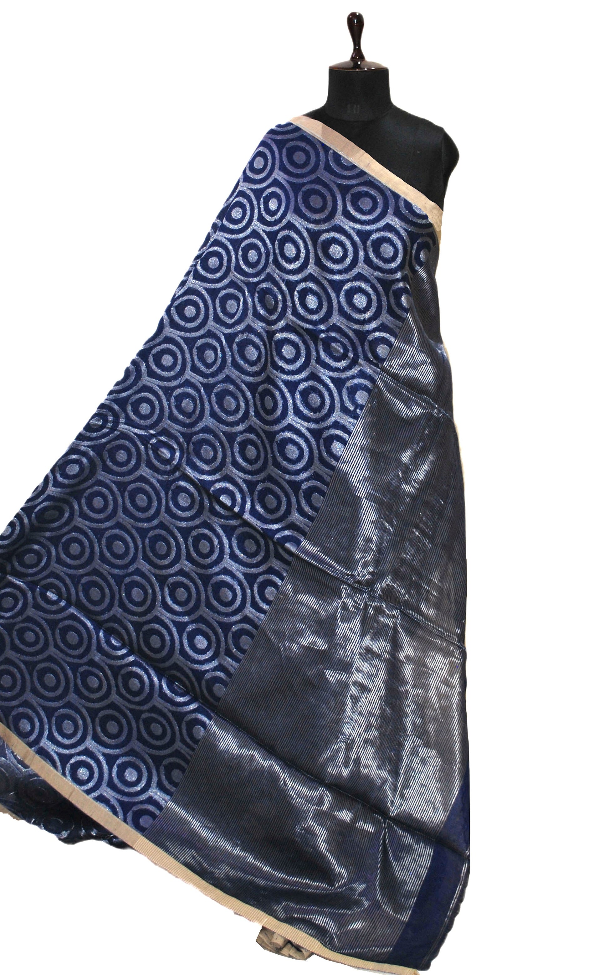 Chakram Motif Designer Brocade Linen Saree in Midnight Blue and Silver