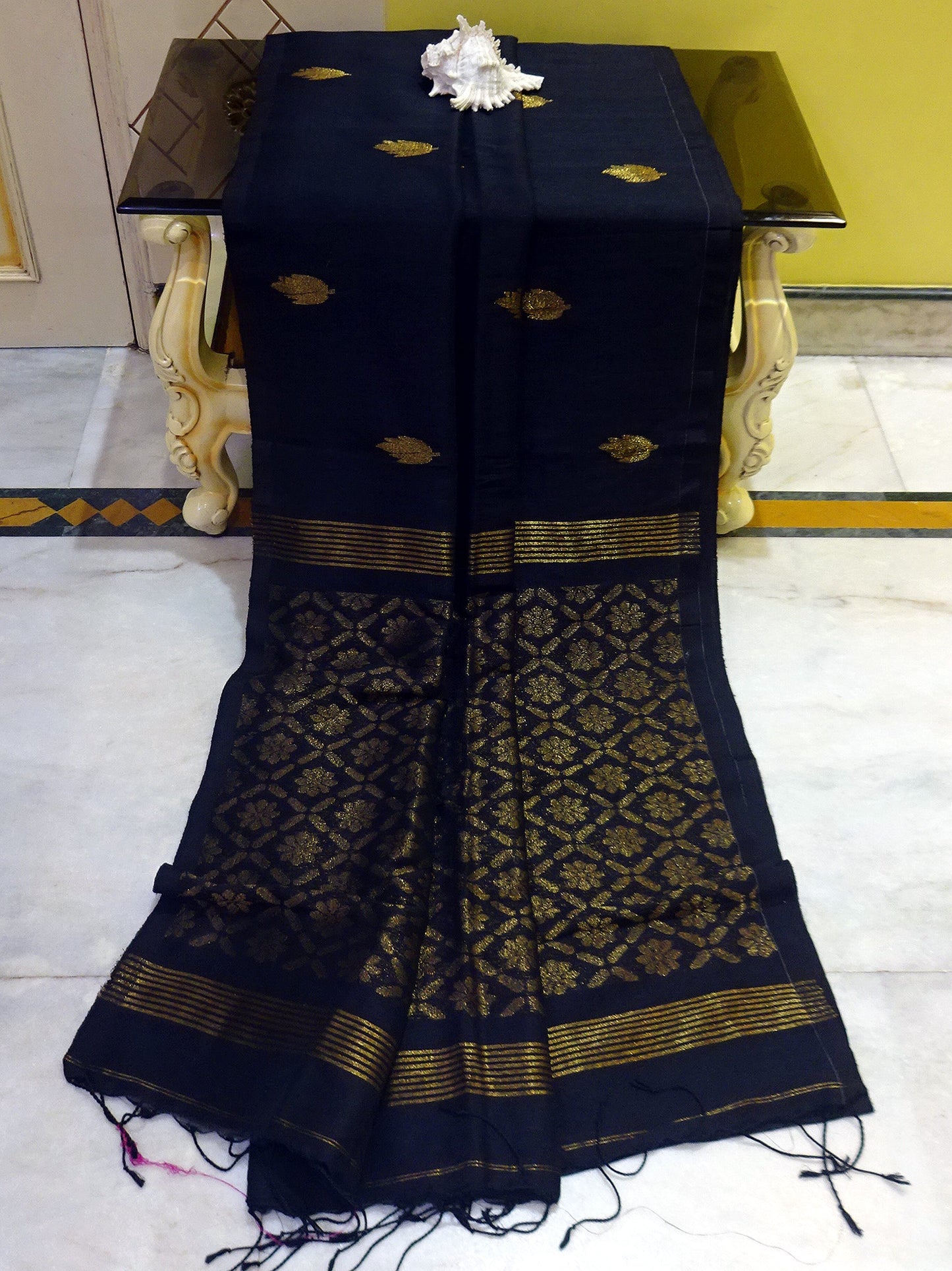 Handwoven Cotton Linen Banarasi Saree in Black and Gold Zari Work