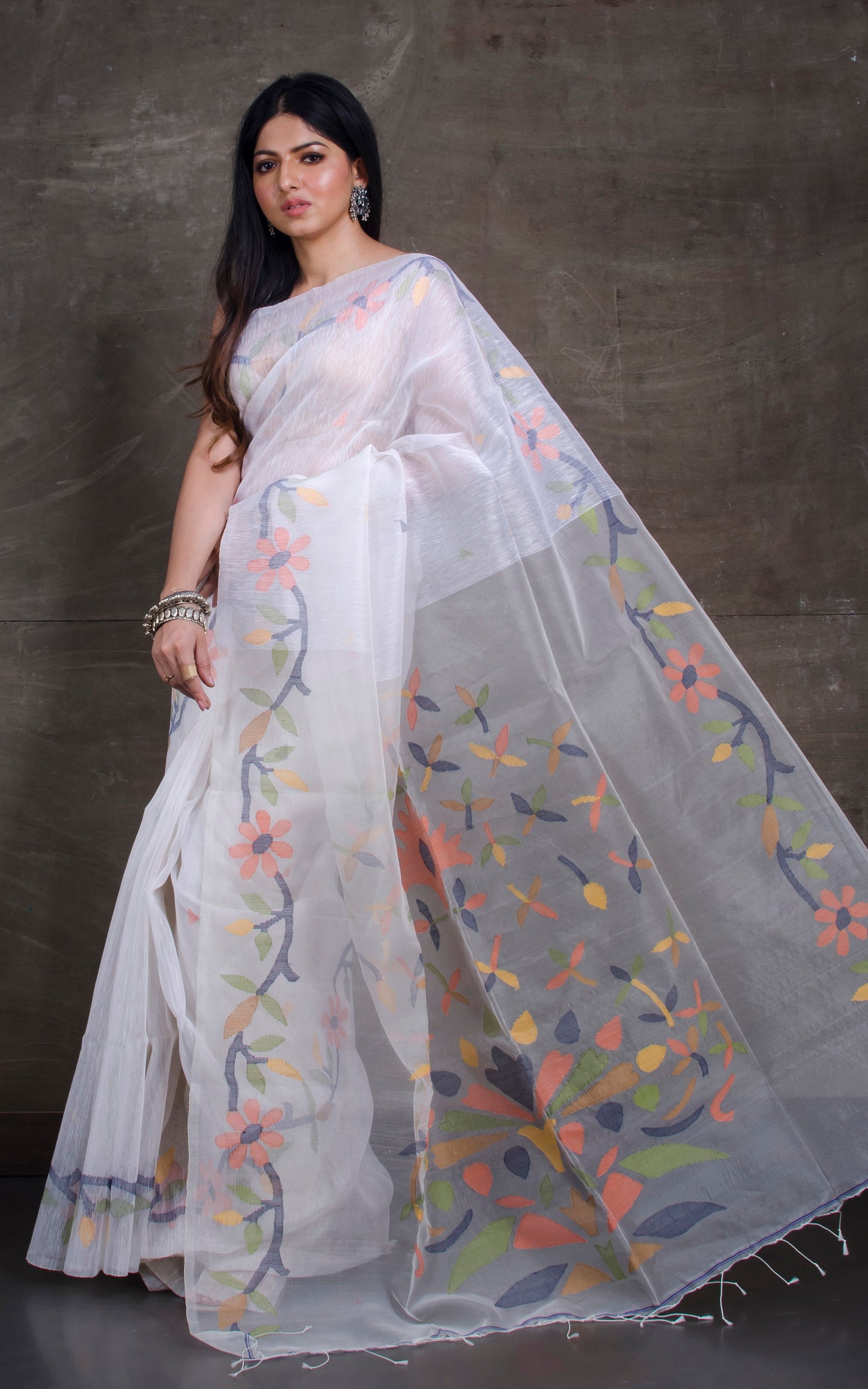 Exclusive Silk Linen Jamdani Saree in Off White, Black and Multicolored Thread Work