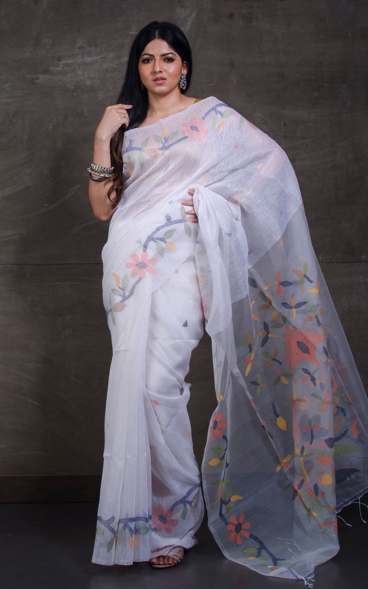 Exclusive Silk Linen Jamdani Saree in Off White, Black and Multicolored Thread Work