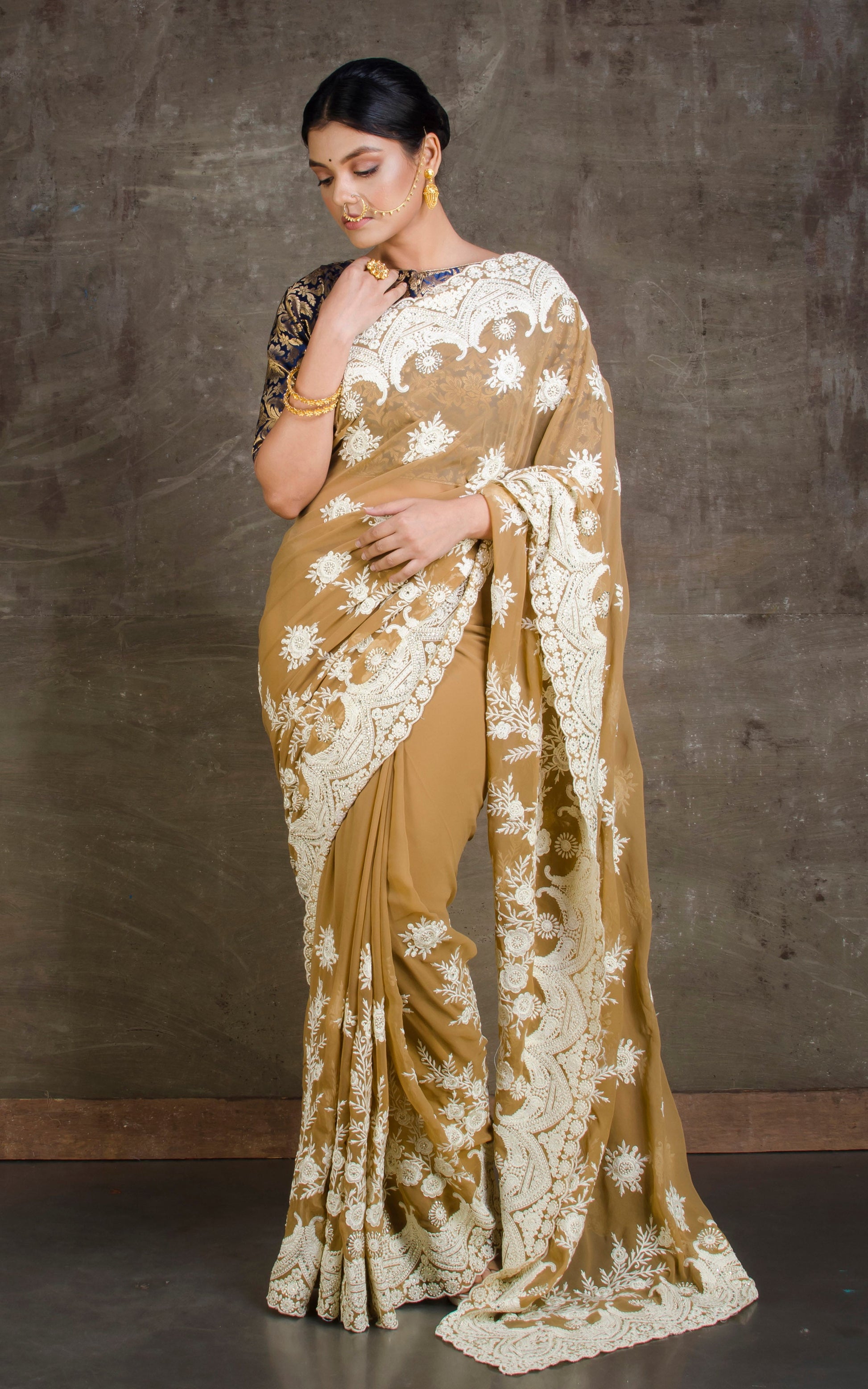 Lucknow Chikankari Work Designer Saree in Light Brown and White