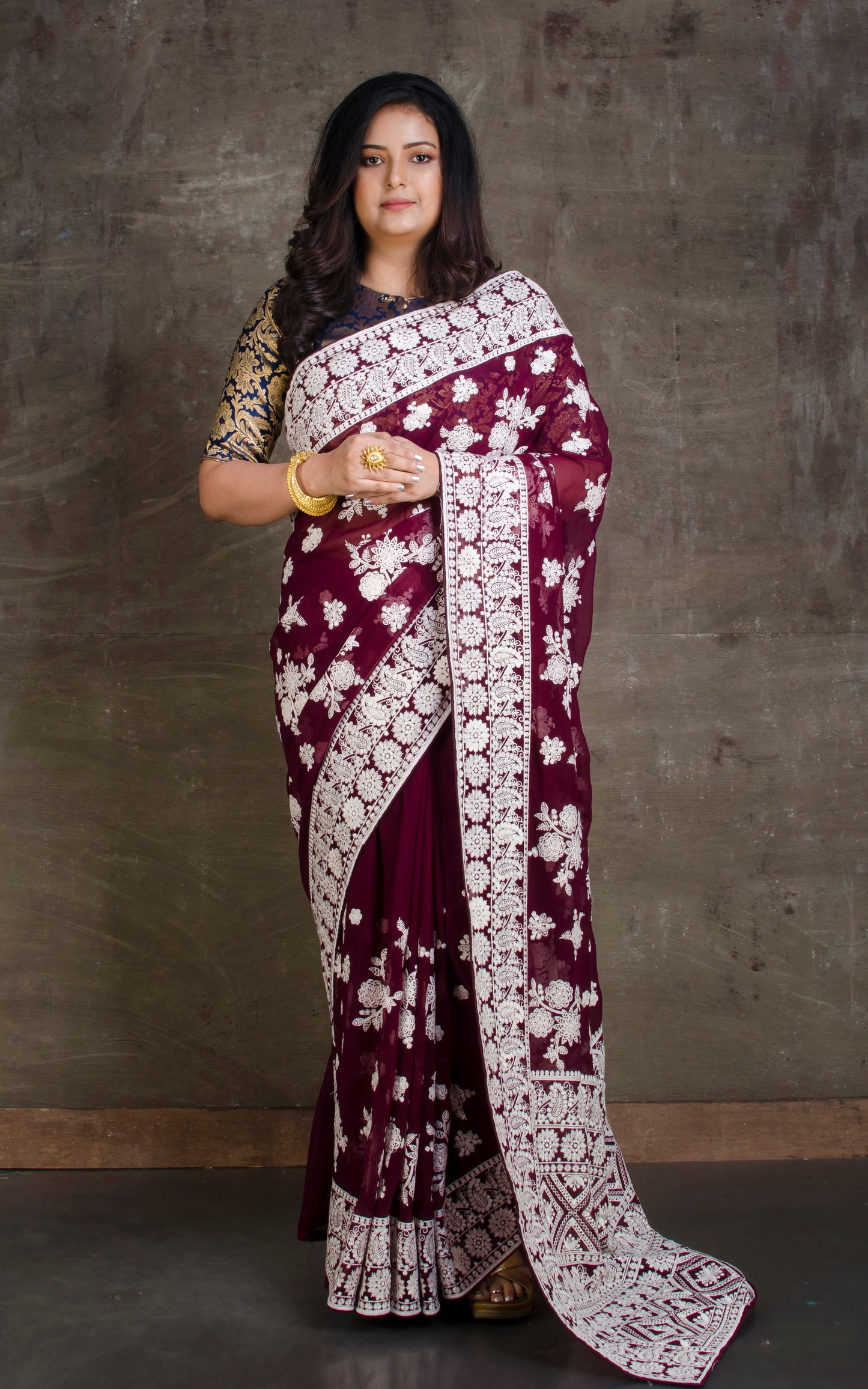 Lucknow Chikankari Work Designer Saree in Beet Red Burgundy and White