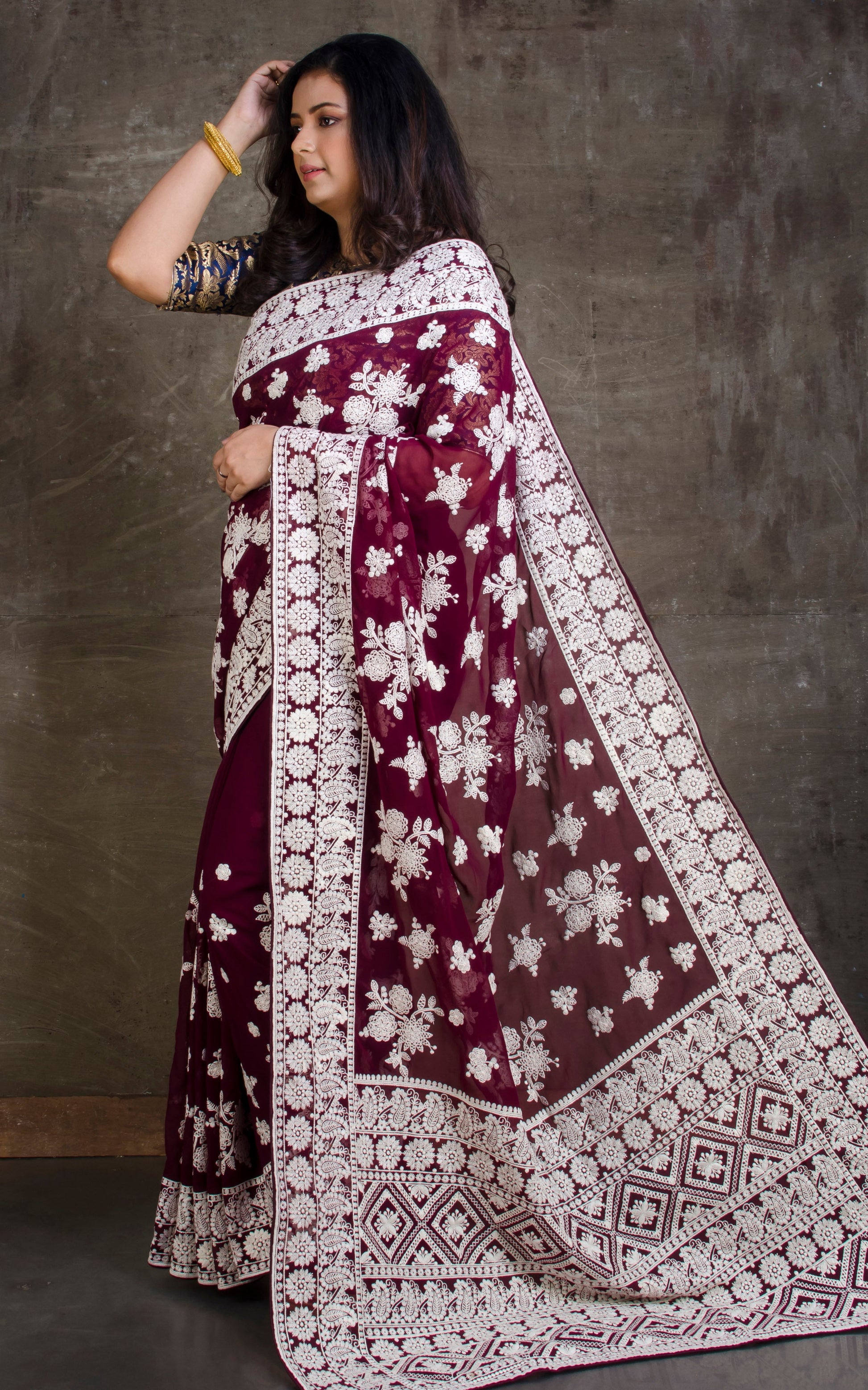 Lucknow Chikankari Work Designer Saree in Beet Red Burgundy and White