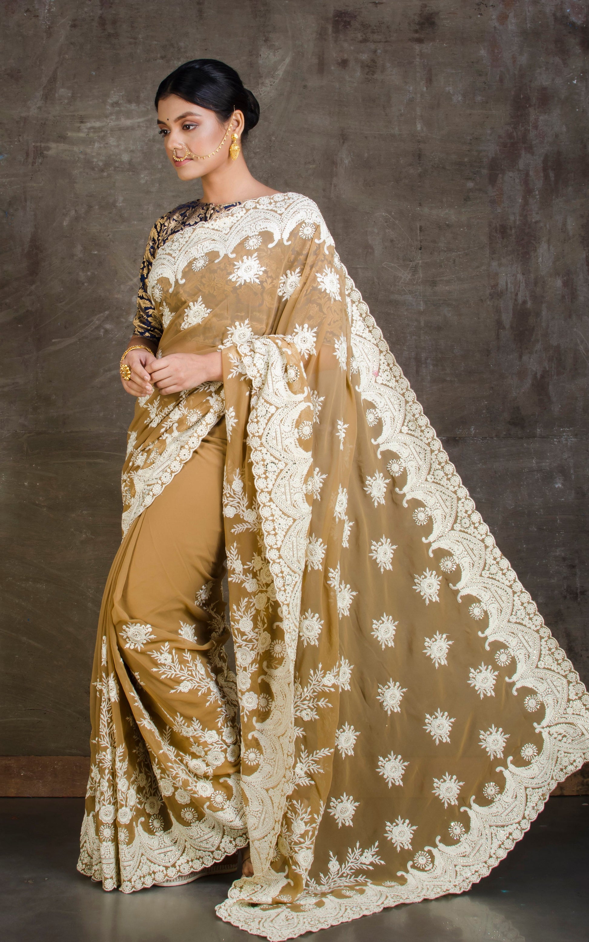 Lucknow Chikankari Work Designer Saree in Light Brown and White