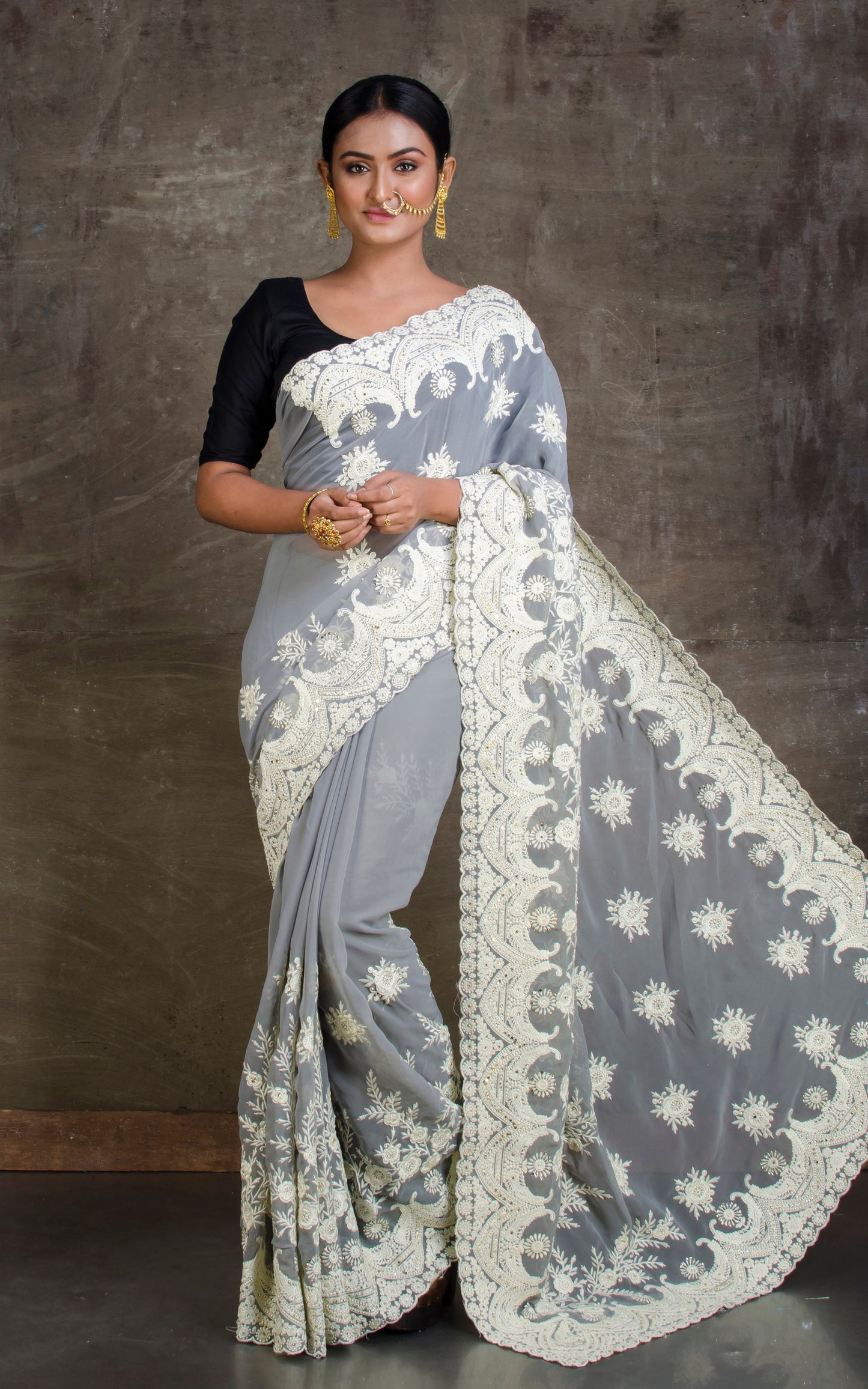 Lucknow Chikankari Work Designer Saree in Smoke Grey and White