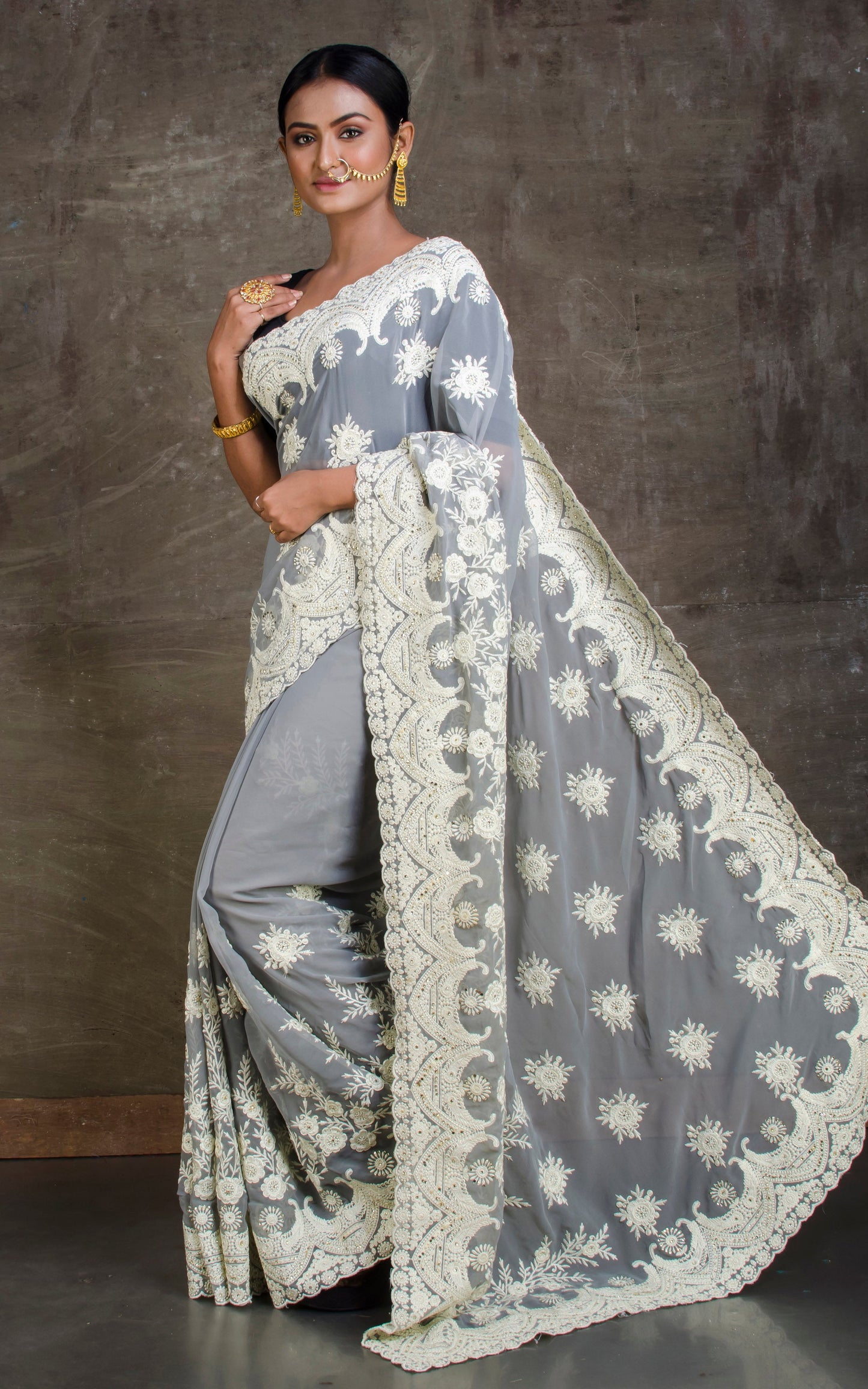 Lucknow Chikankari Work Designer Saree in Smoke Grey and White