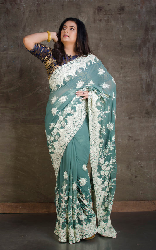 Lucknow Chikankari Work Designer Saree in Sage Green and White