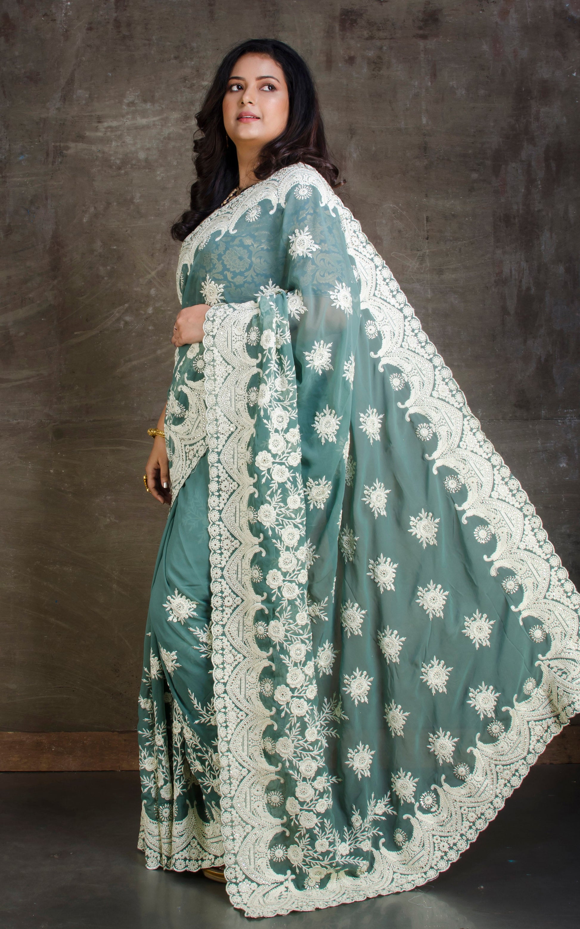 Lucknow Chikankari Work Designer Saree in Sage Green and White