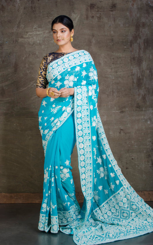 Lucknow Chikankari Work Designer Saree in Strobe Blue and White