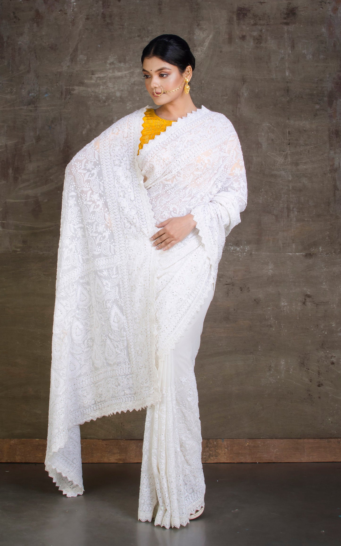 Cut Work Border Lucknow Chikankari Work Designer Zardosi Saree in White