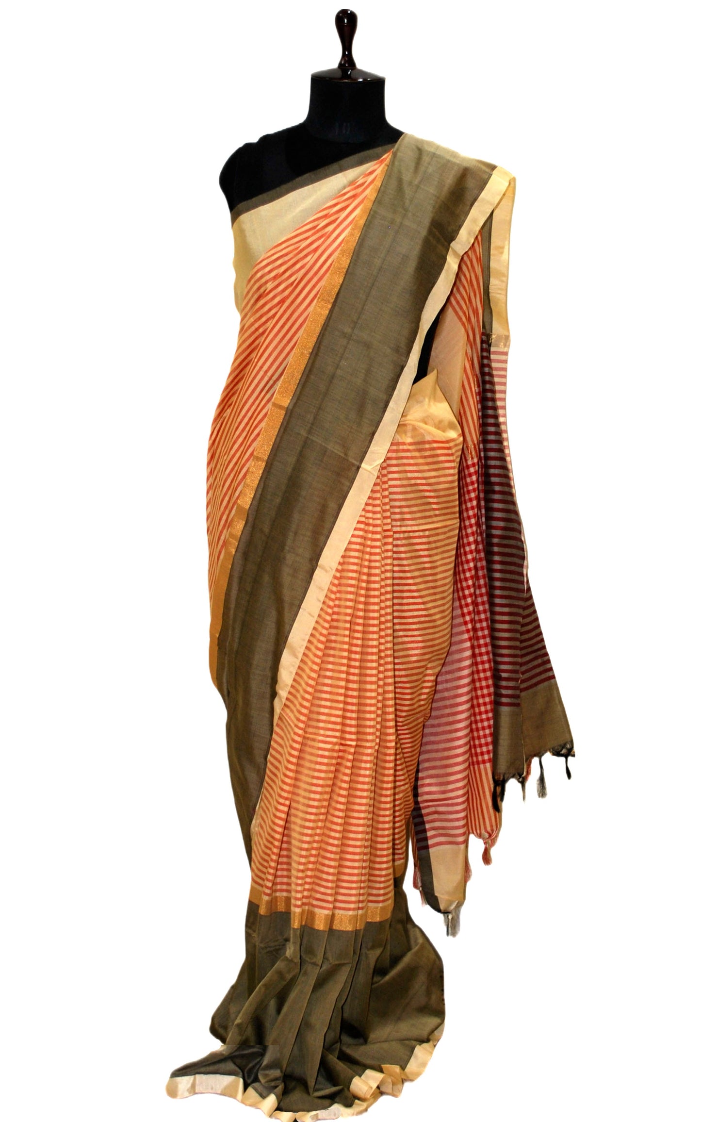 Maheshwari Cotton Silk Saree in Parmesan, Red and Charcoal Black