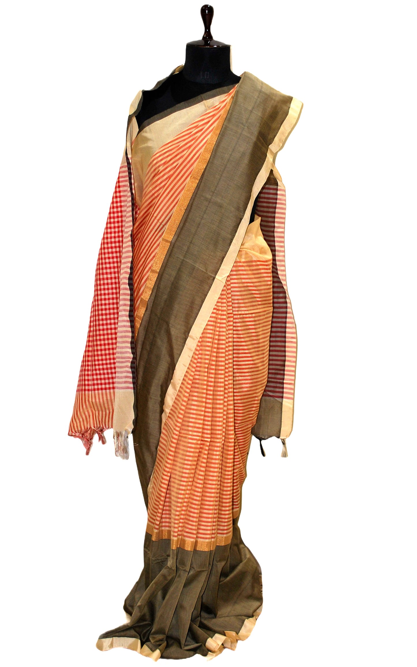 Maheshwari Cotton Silk Saree in Parmesan, Red and Charcoal Black