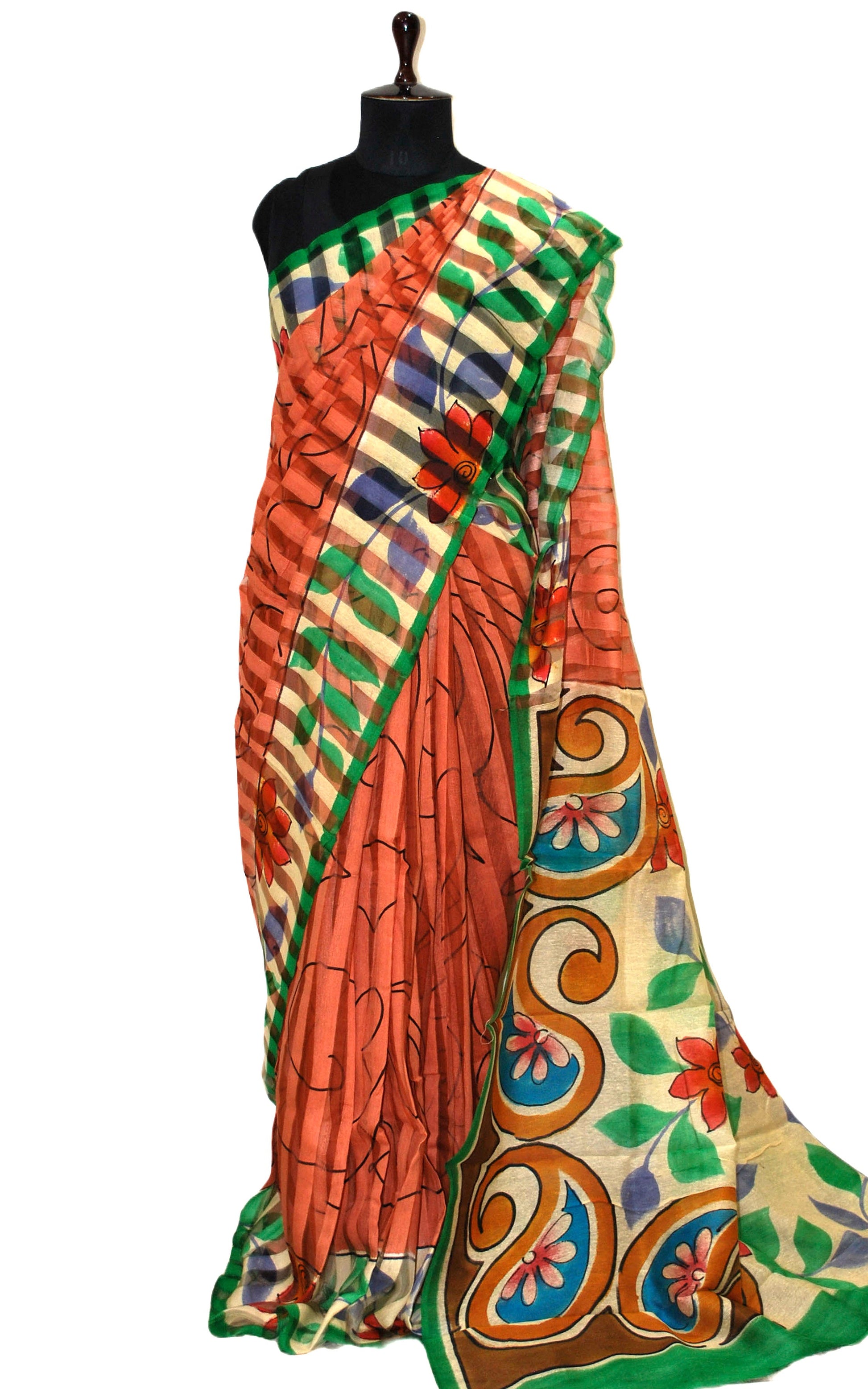 Super Soft Printed Pure Matka Silk Saree in Burnt Sienna, Green and Multicolored