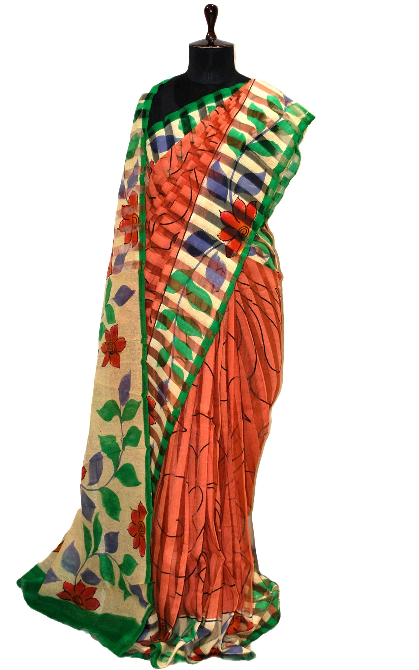 Super Soft Printed Pure Matka Silk Saree in Burnt Sienna, Green and Multicolored