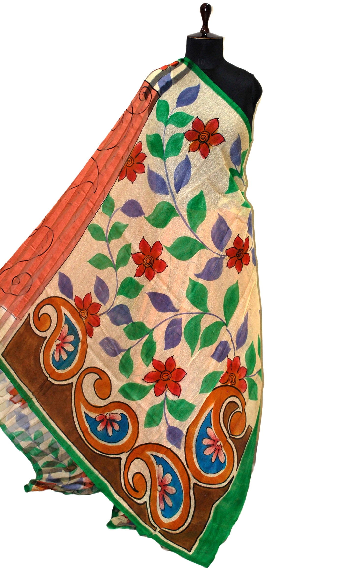 Super Soft Printed Pure Matka Silk Saree in Burnt Sienna, Green and Multicolored