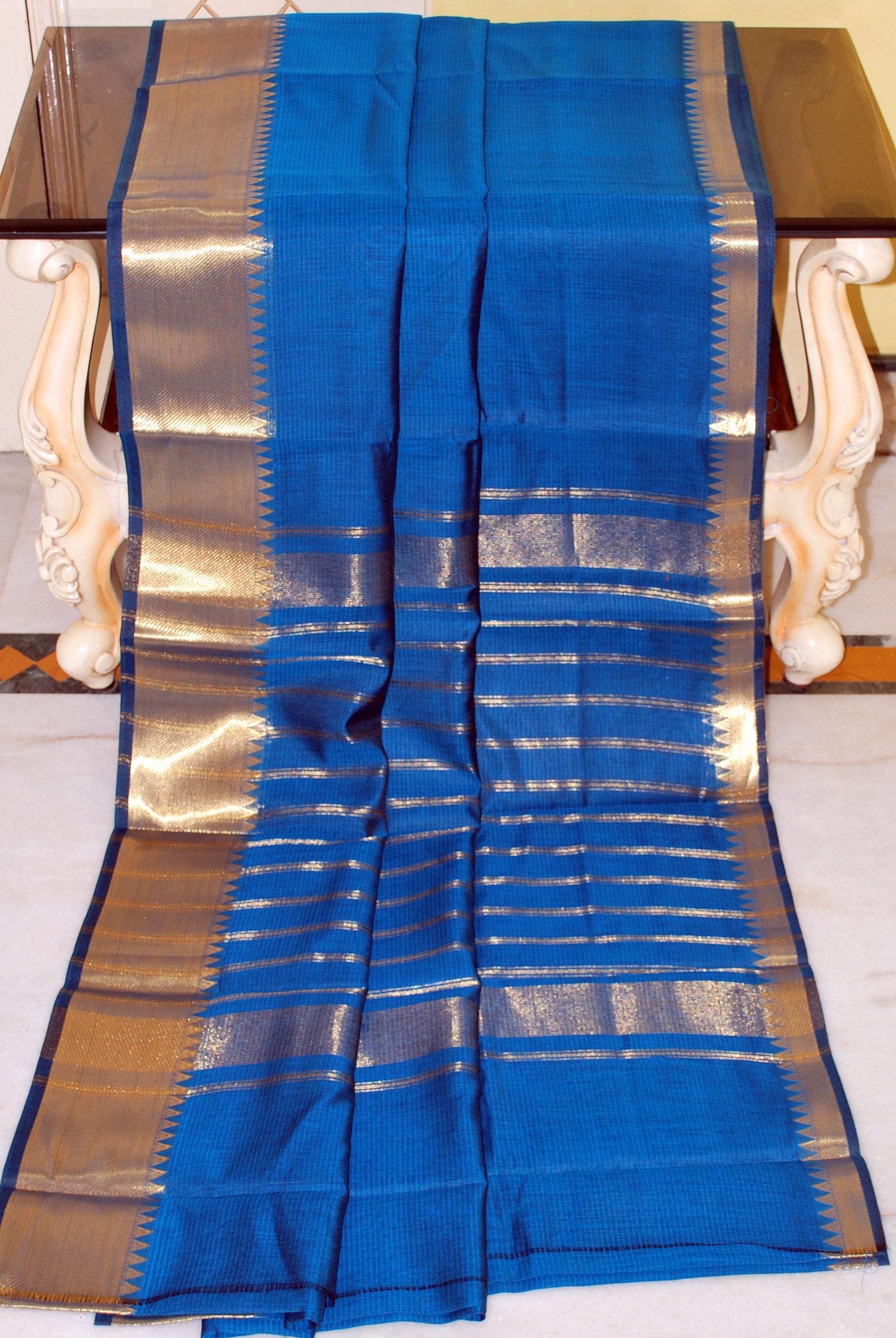 Mangalagiri Soft South Cotton Sarees with Woven Thread Work in Sapphire Blue and Gold