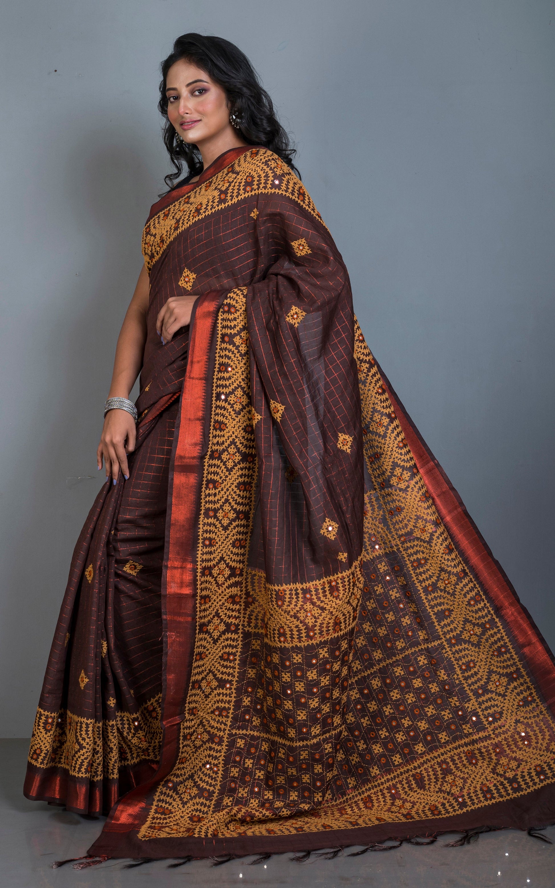 Gujarati Stitch Hand Work on Soft Mangalagiri Cotton Woven Copper Checks Saree in Chocolate Brown and Parmesan Thread Work