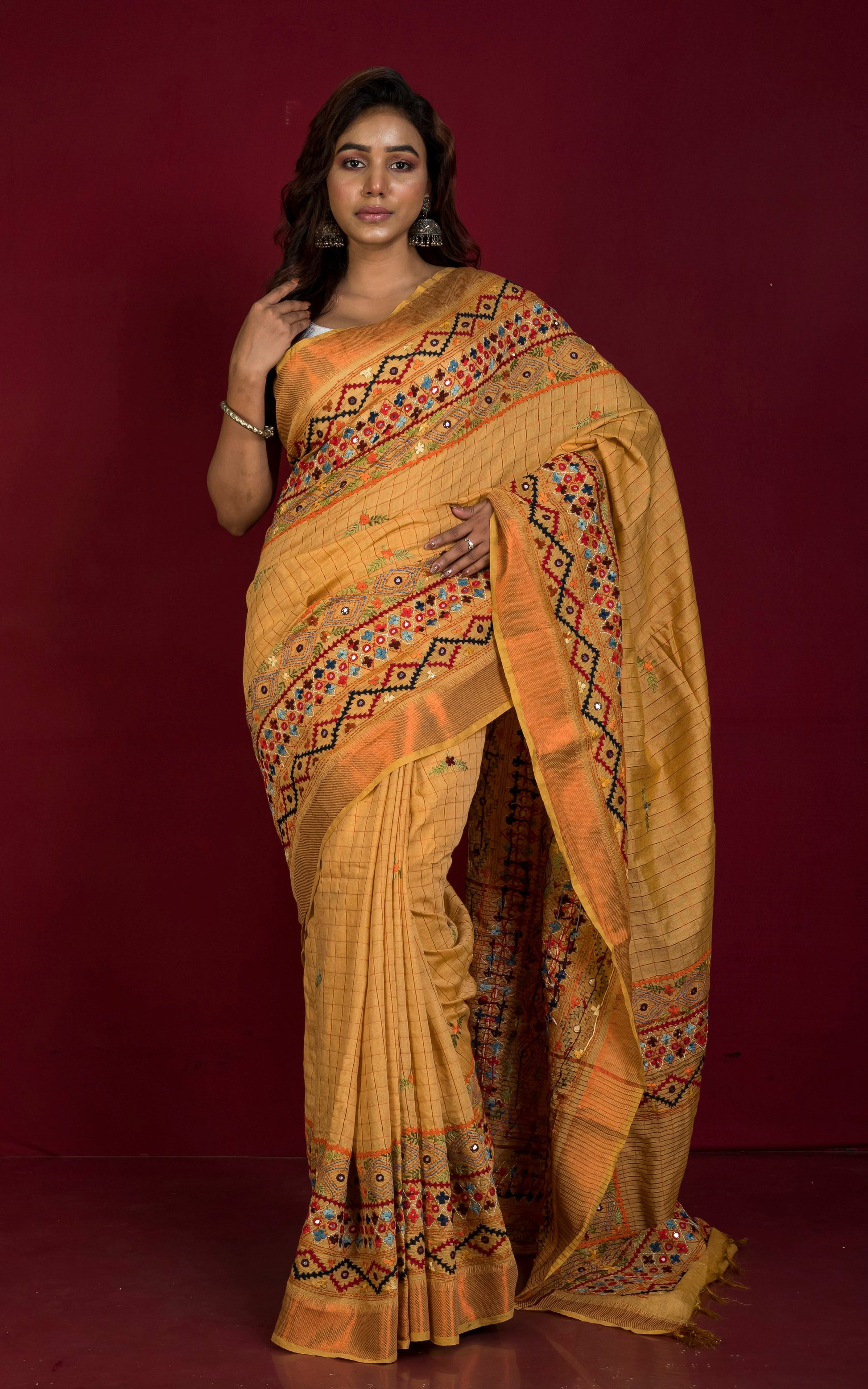 Lambani Hand Work on Soft Mangalagiri Cotton Woven Gold Checks Saree in Biscotti and Multicolored Thread Work