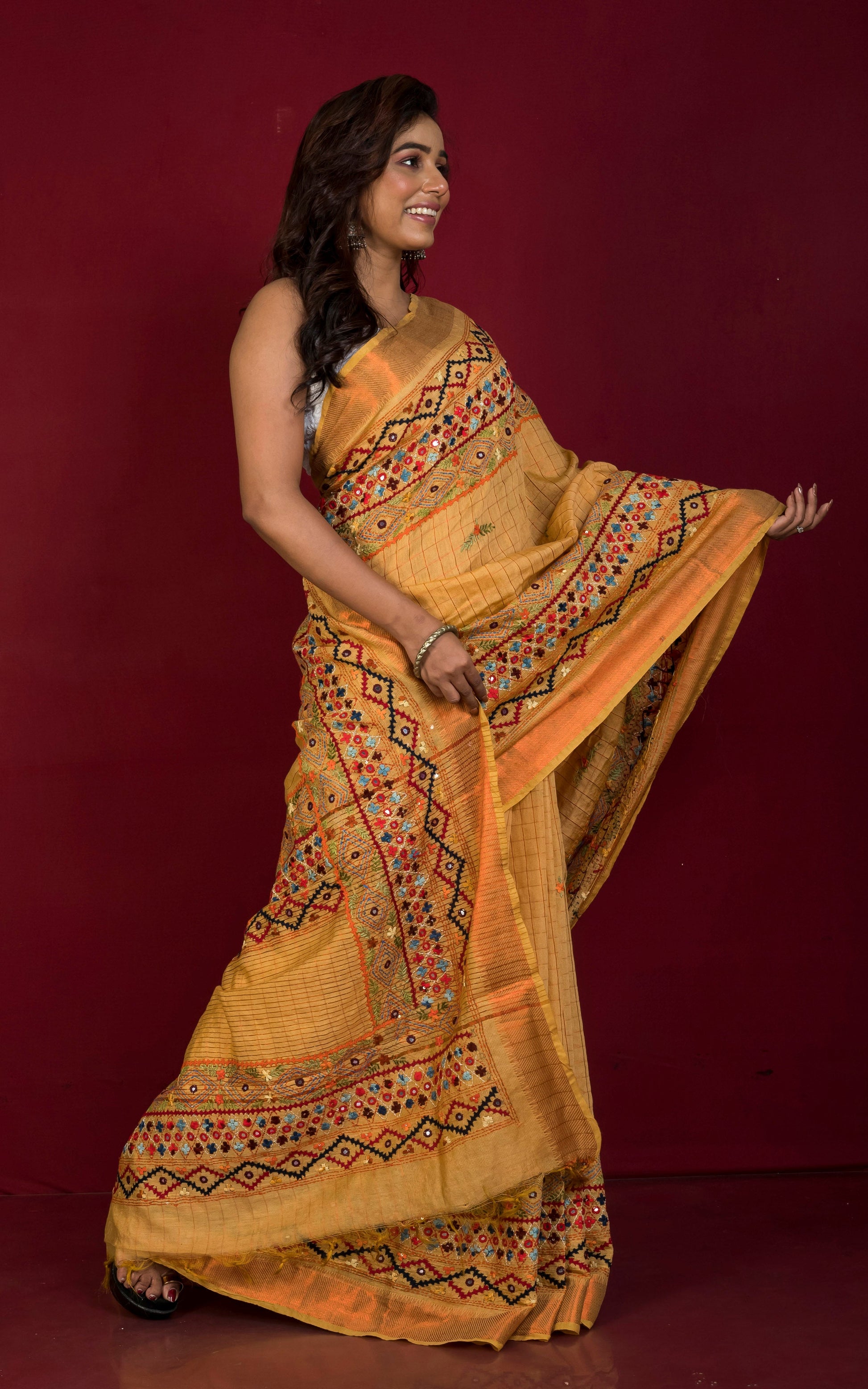 Lambani Hand Work on Soft Mangalagiri Cotton Woven Gold Checks Saree in Biscotti and Multicolored Thread Work