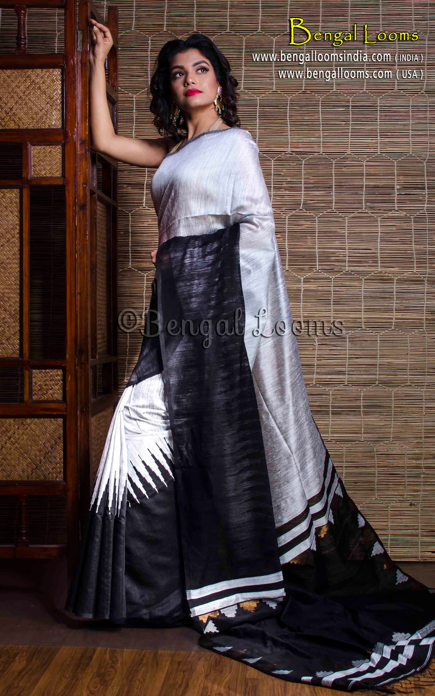 Tussar Silk Saree with Temple Border in Black and White - Bengal Looms India