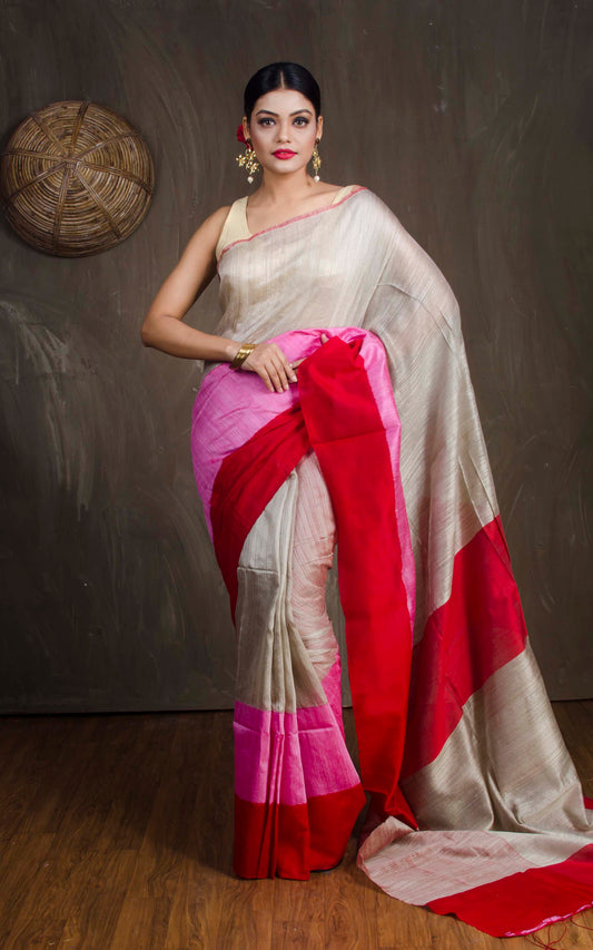 Matka Tussar Saree with Skirt Border in Beige, Pink and Red - Bengal Looms India