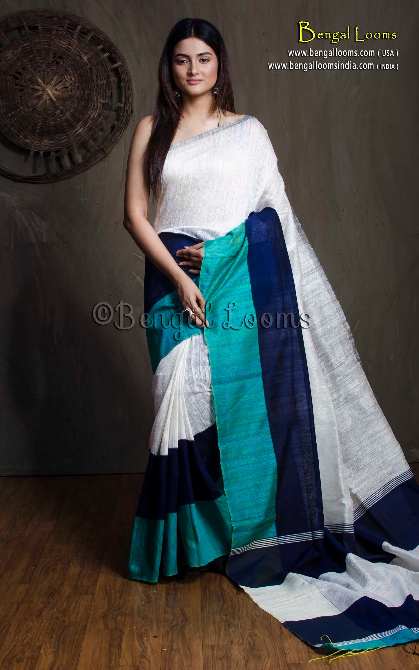 Matka Tussar Saree with Skirt Border in Off White, Midnight Blue and Teal