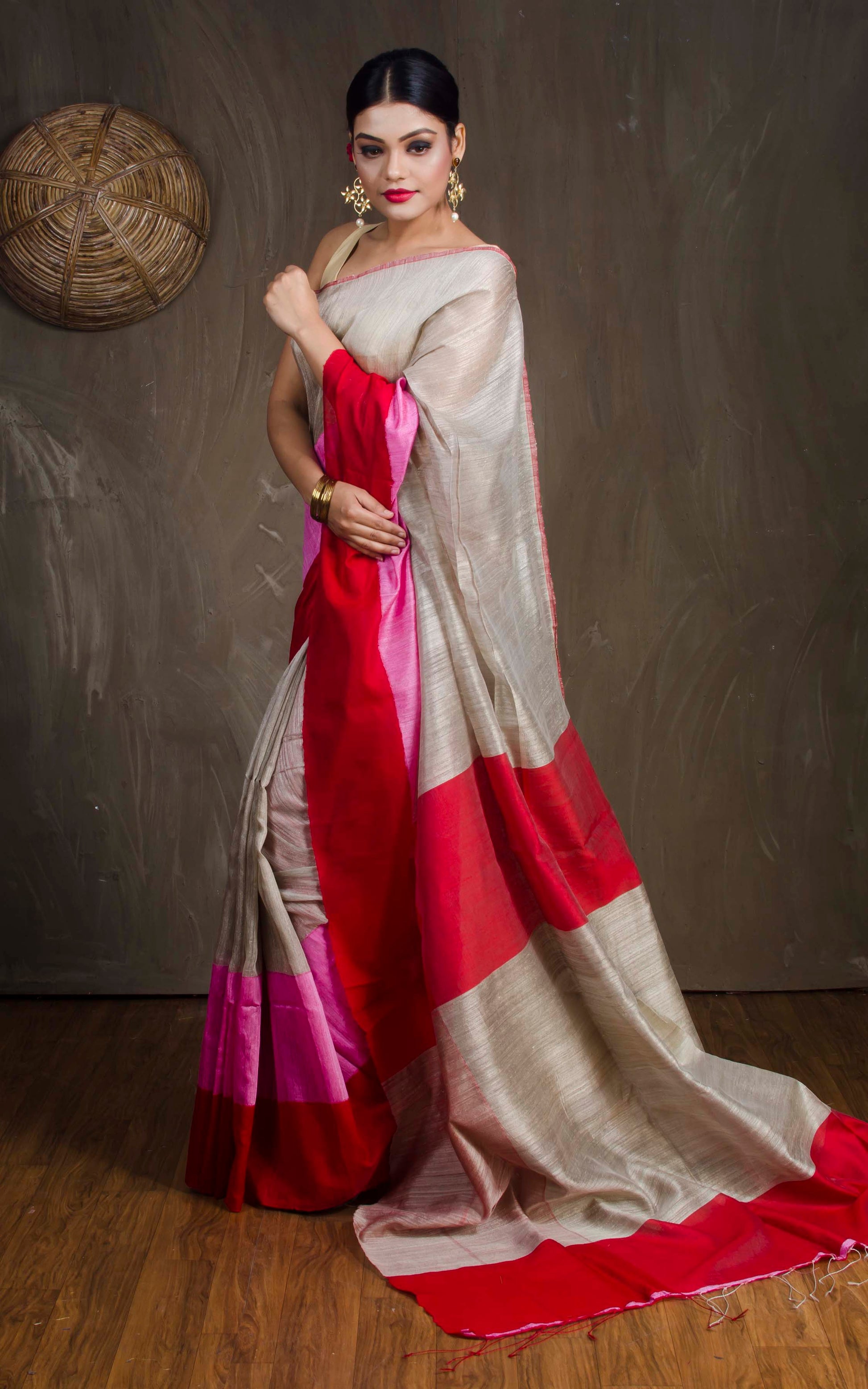 Matka Tussar Saree with Skirt Border in Beige, Pink and Red - Bengal Looms India