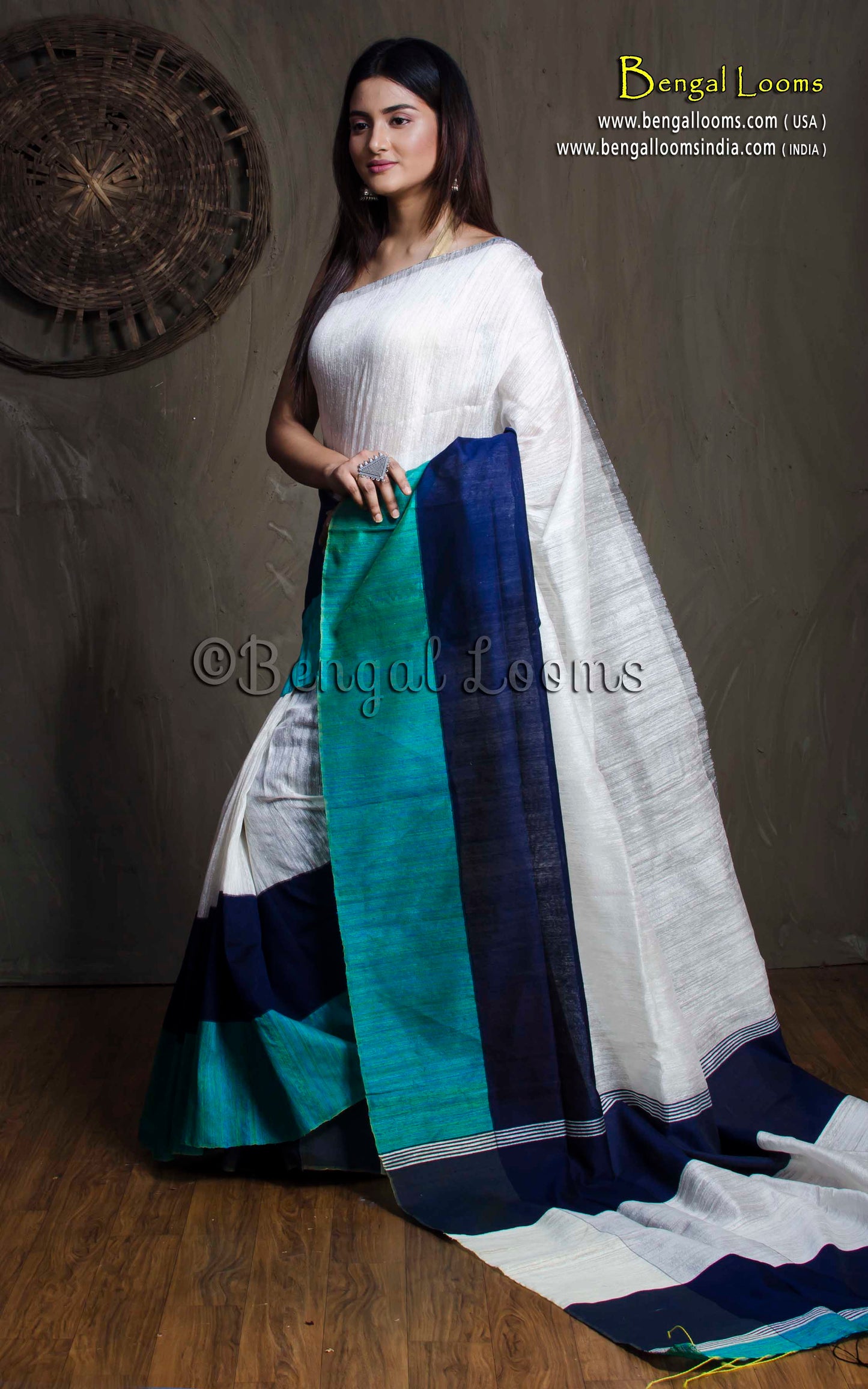 Matka Tussar Saree with Skirt Border in Off White, Midnight Blue and Teal