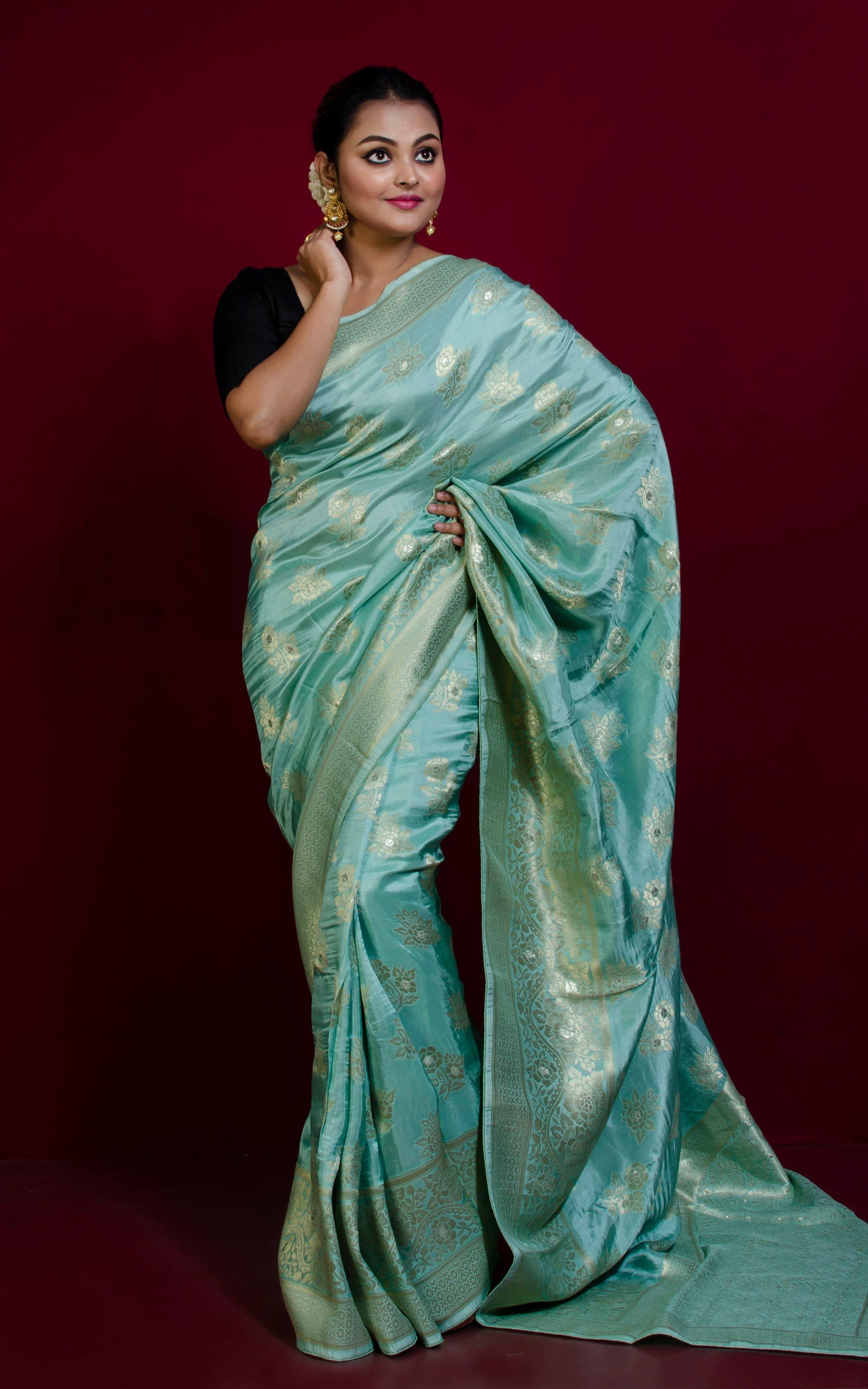 Handwoven Semi Moonga Tussar Silk Saree in Winter Mint and Mute Gold