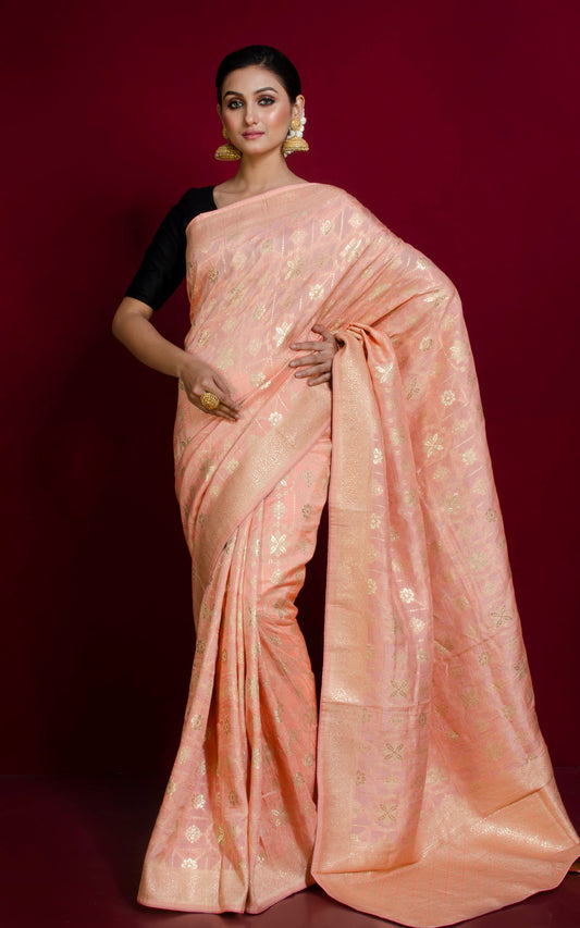 Blended Handwoven Moonga Tussar Silk Saree in Light Salmon Pink and Antique Silver