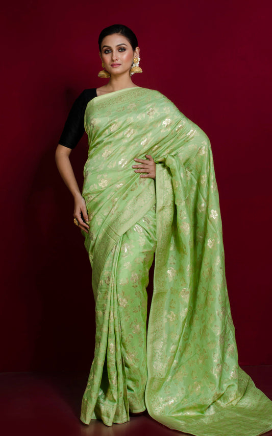 Handwoven Semi Moonga Tussar Silk Saree in Pale Green and Mute Gold