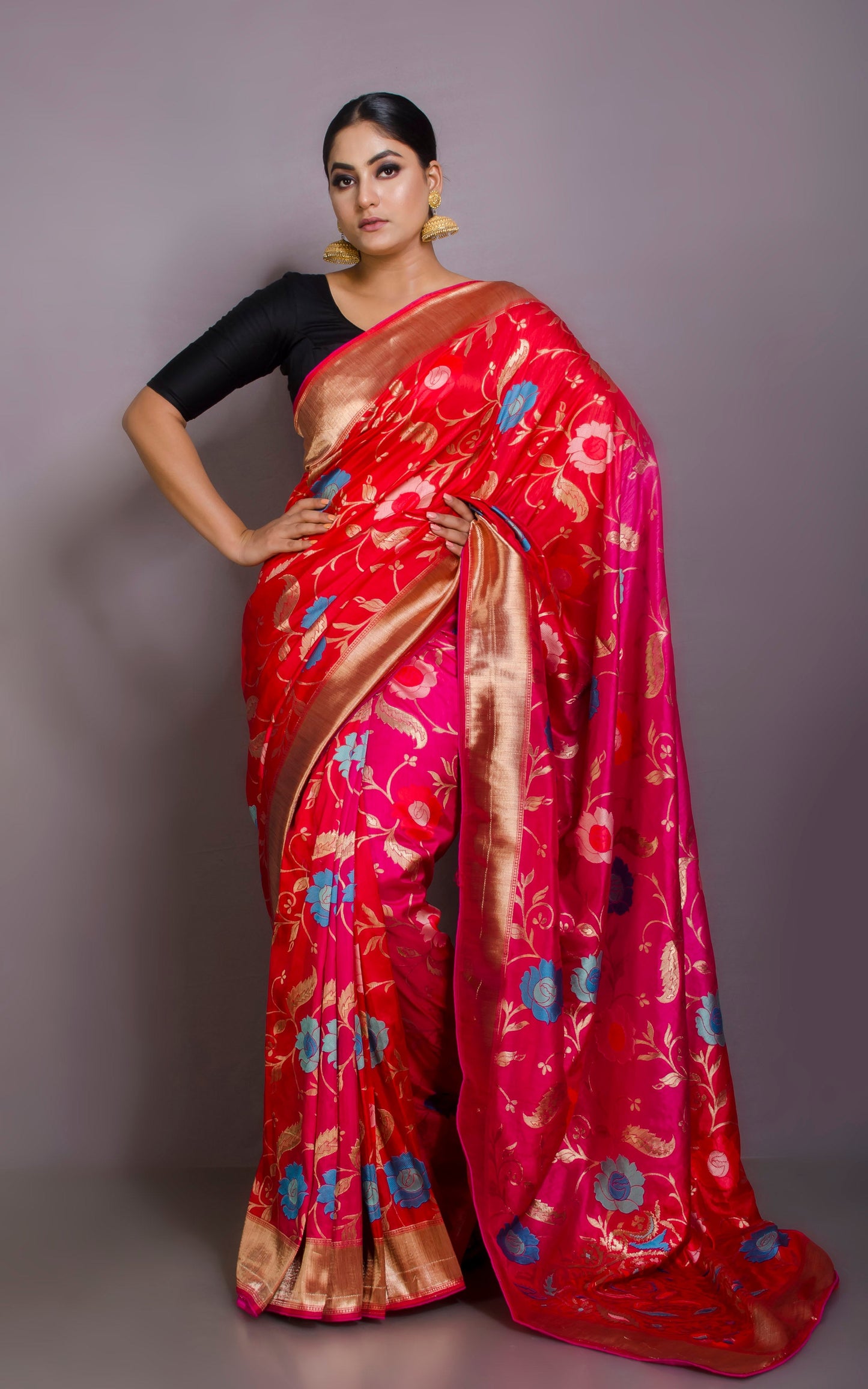 Handwoven Semi Moonga Tussar Silk Saree in Hot Pink, Bright Red and Multicolored