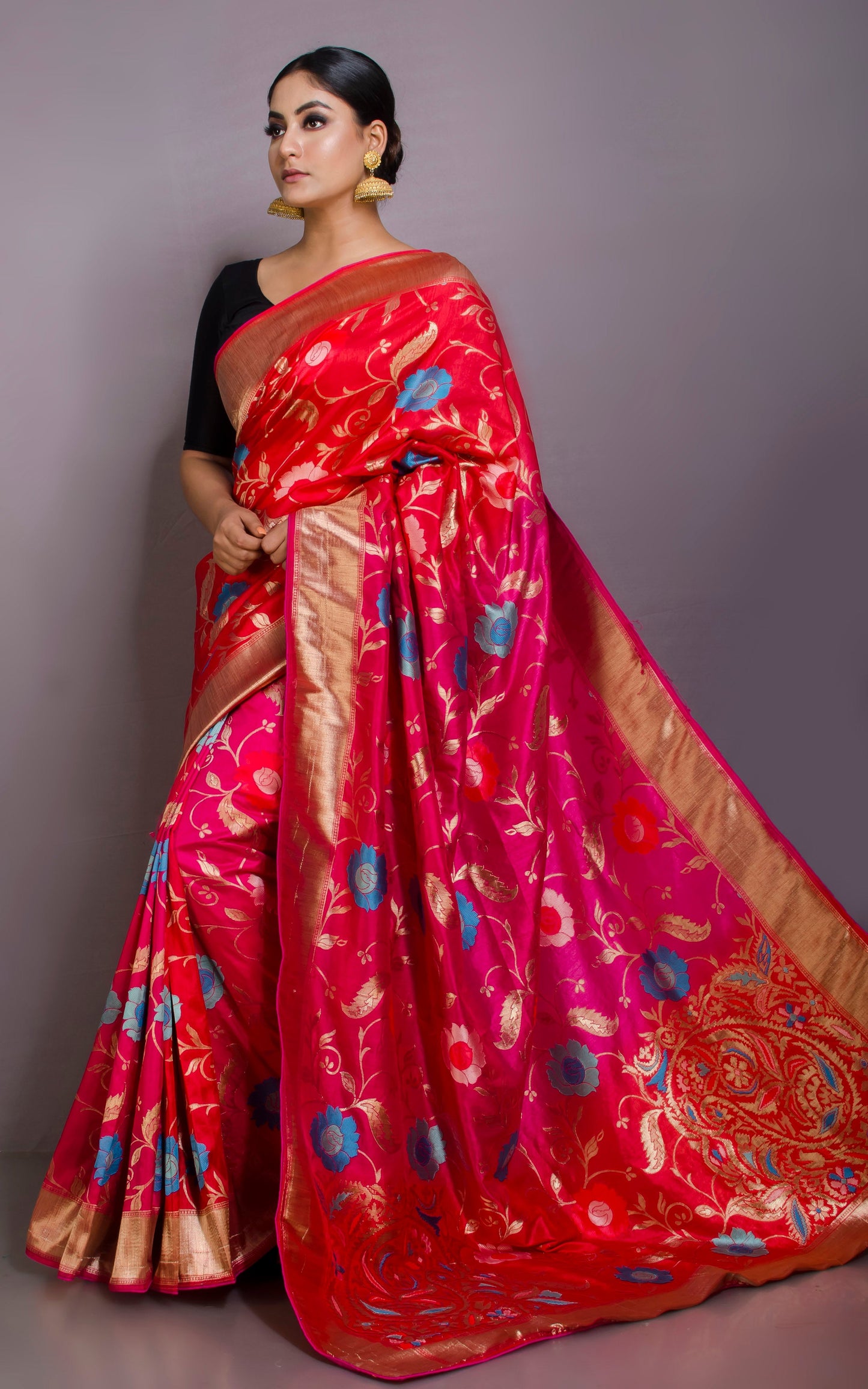 Handwoven Semi Moonga Tussar Silk Saree in Hot Pink, Bright Red and Multicolored