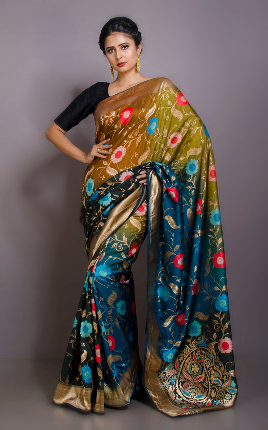 Handwoven Semi Moonga Tussar Silk Saree in Mehndi Green, Brown, Prussian Blue and Multicolored