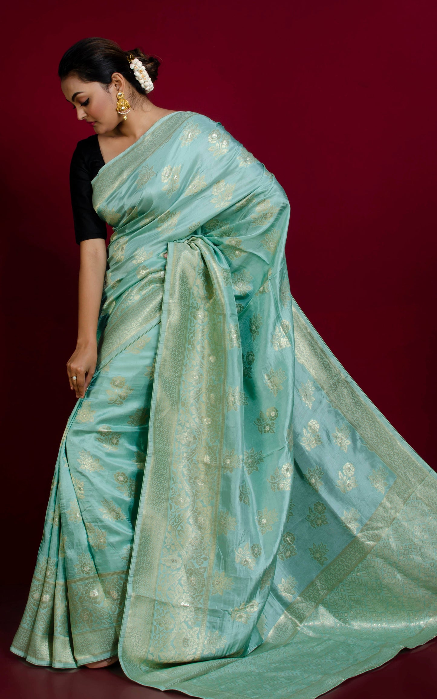 Handwoven Semi Moonga Tussar Silk Saree in Winter Mint and Mute Gold