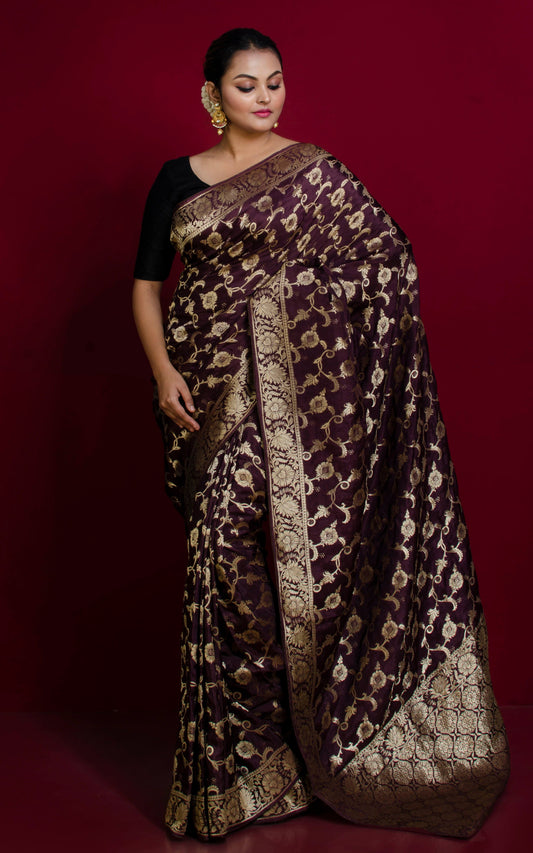 Blended Handwoven Moonga Tussar Silk Saree in Dark Brown and Brush Gold