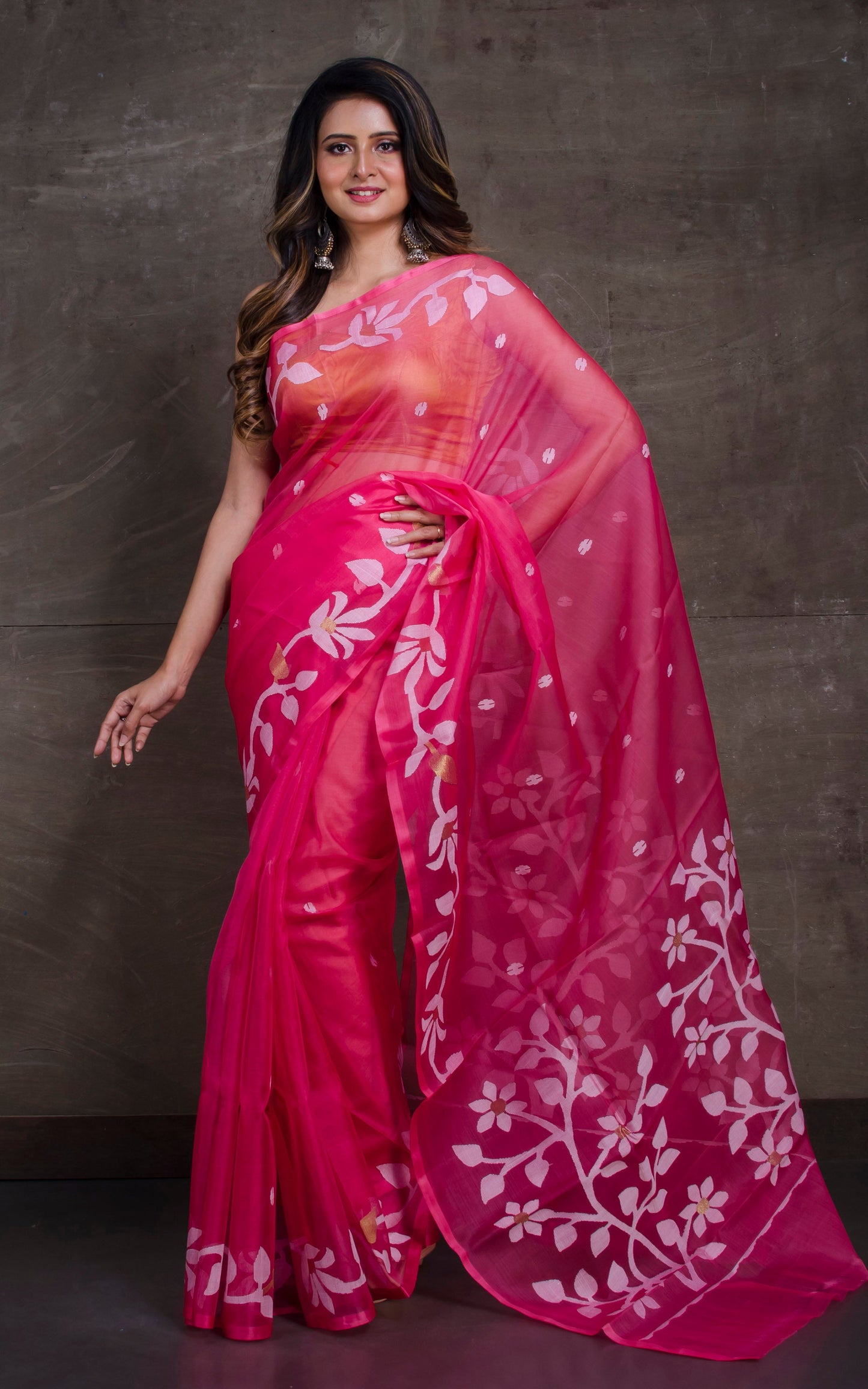 Silk Jamdani Saree in Strawberry Pink, White and Gold