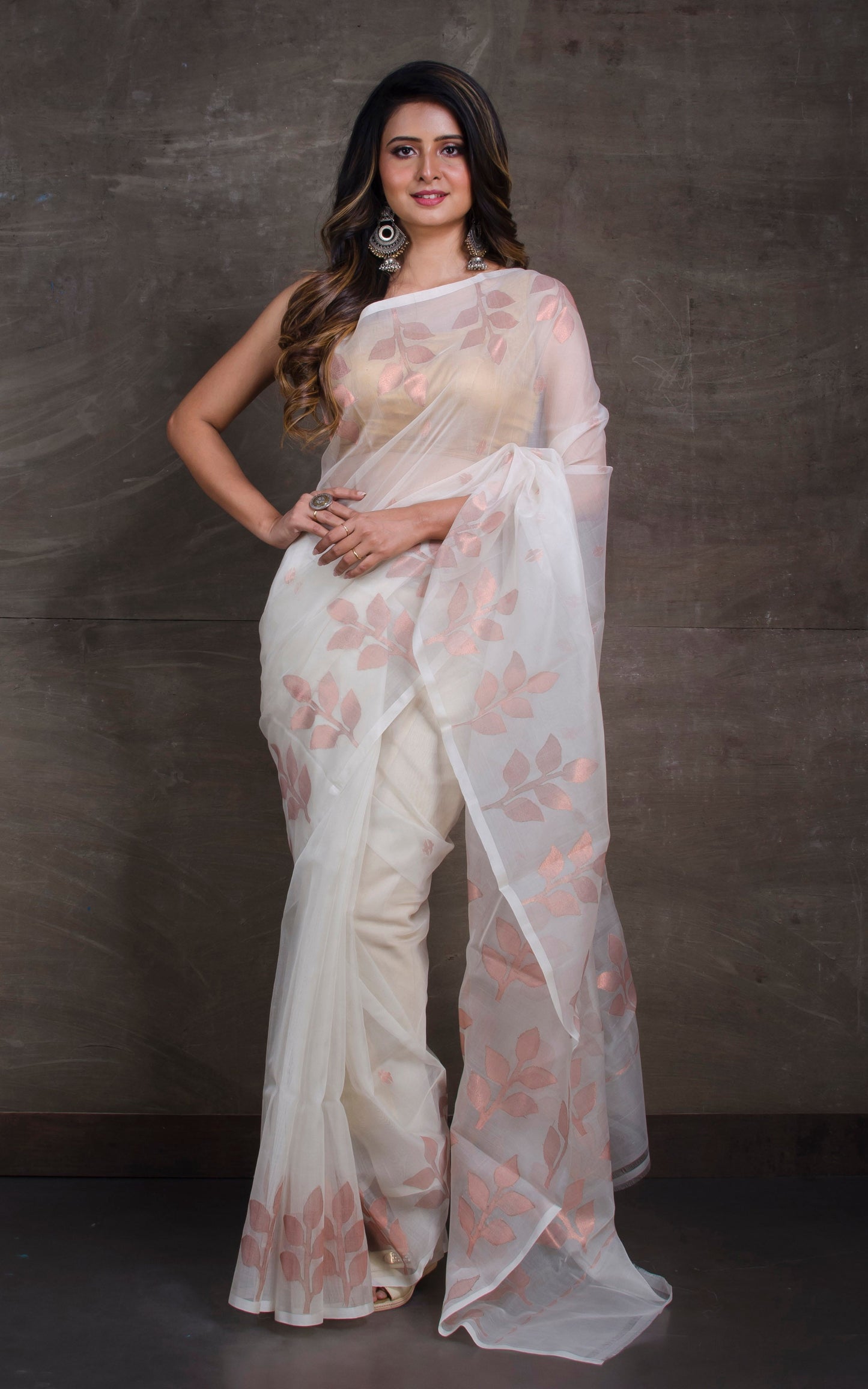 Silk Jamdani Saree in Off White and Copper Zari Work