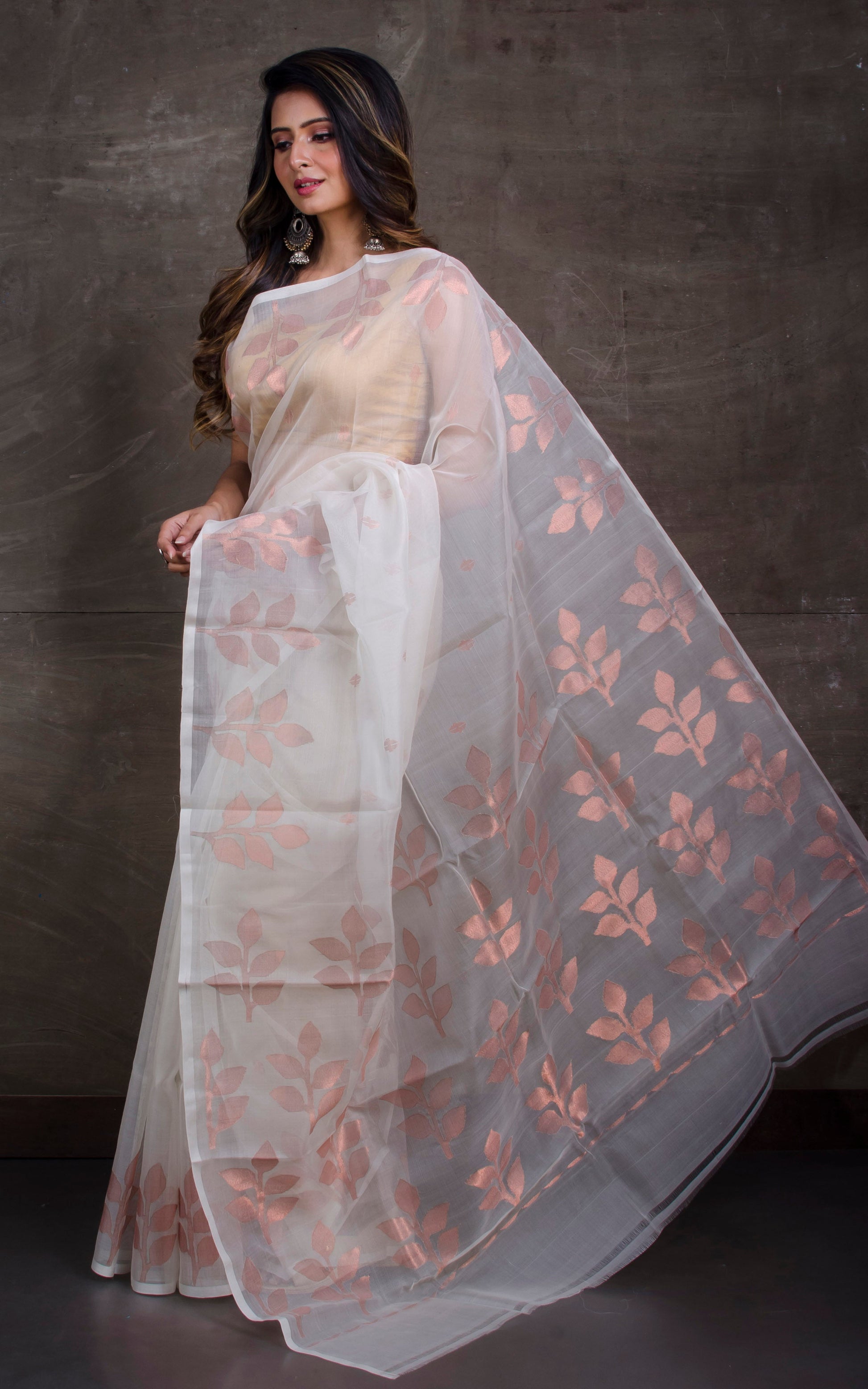 Silk Jamdani Saree in Off White and Copper Zari Work