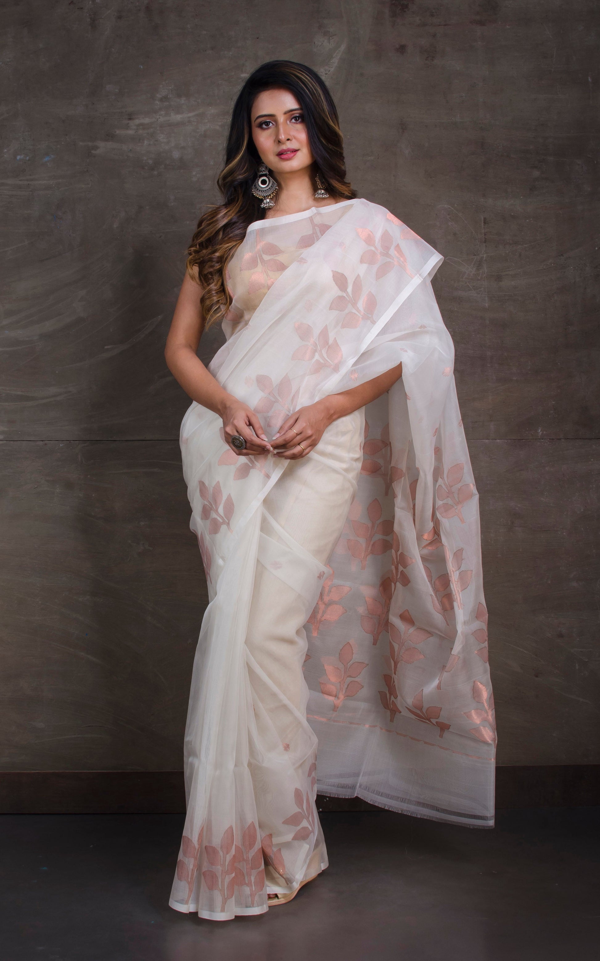 Silk Jamdani Saree in Off White and Copper Zari Work