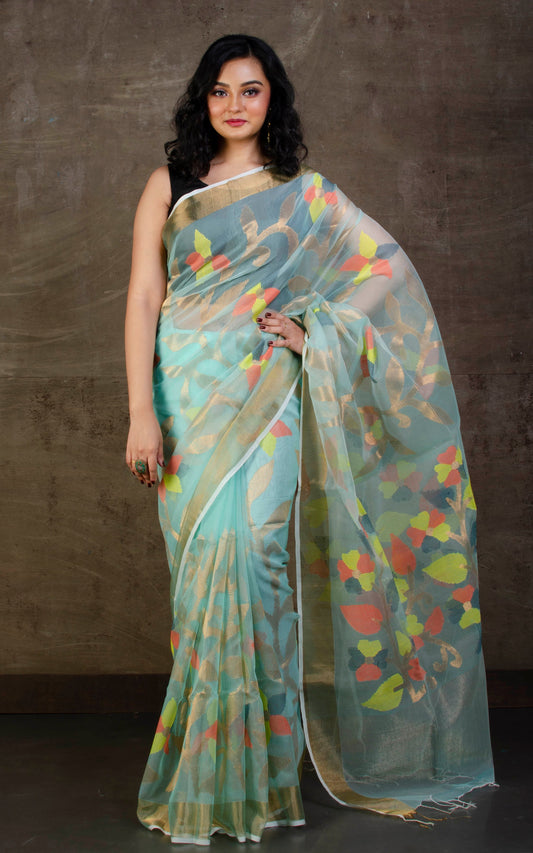 Muslin Silk Jamdani Saree in Arctic Blue, Gold Zari and Multicolored Thread Work