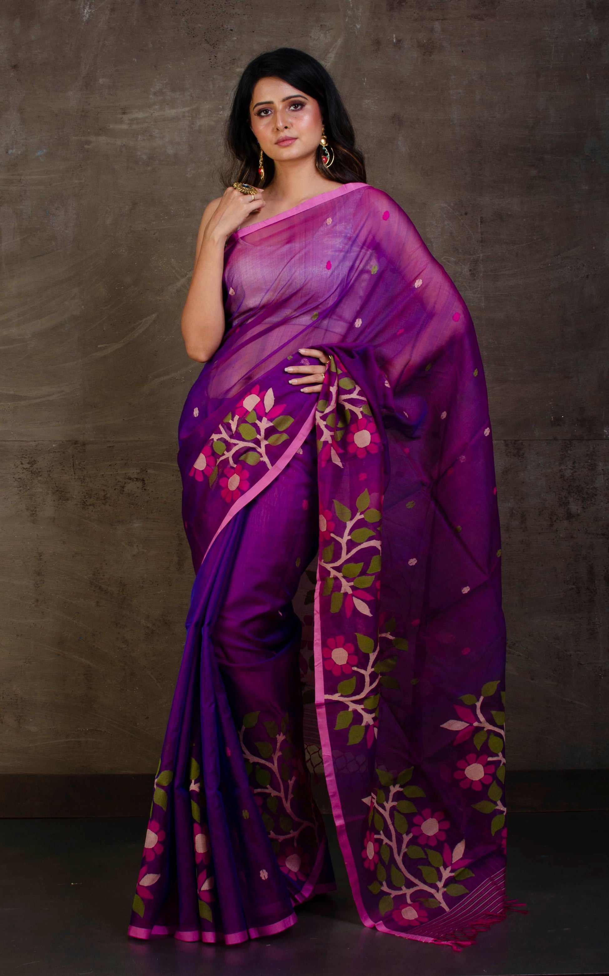 Premium Quality Silk Jamdani Saree in Purple, Pink and Multicolored Thread Work