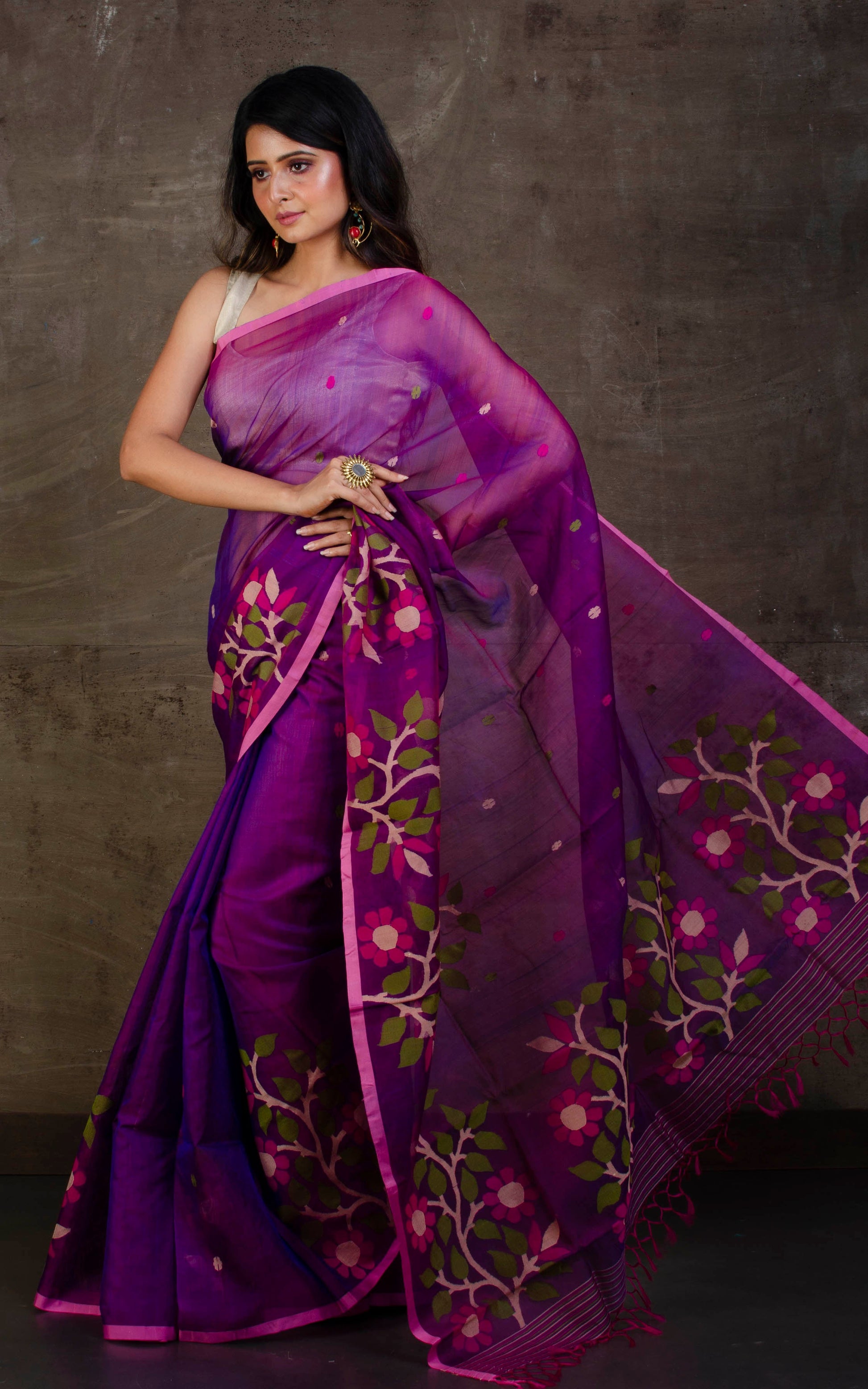 Premium Quality Silk Jamdani Saree in Purple, Pink and Multicolored Thread Work