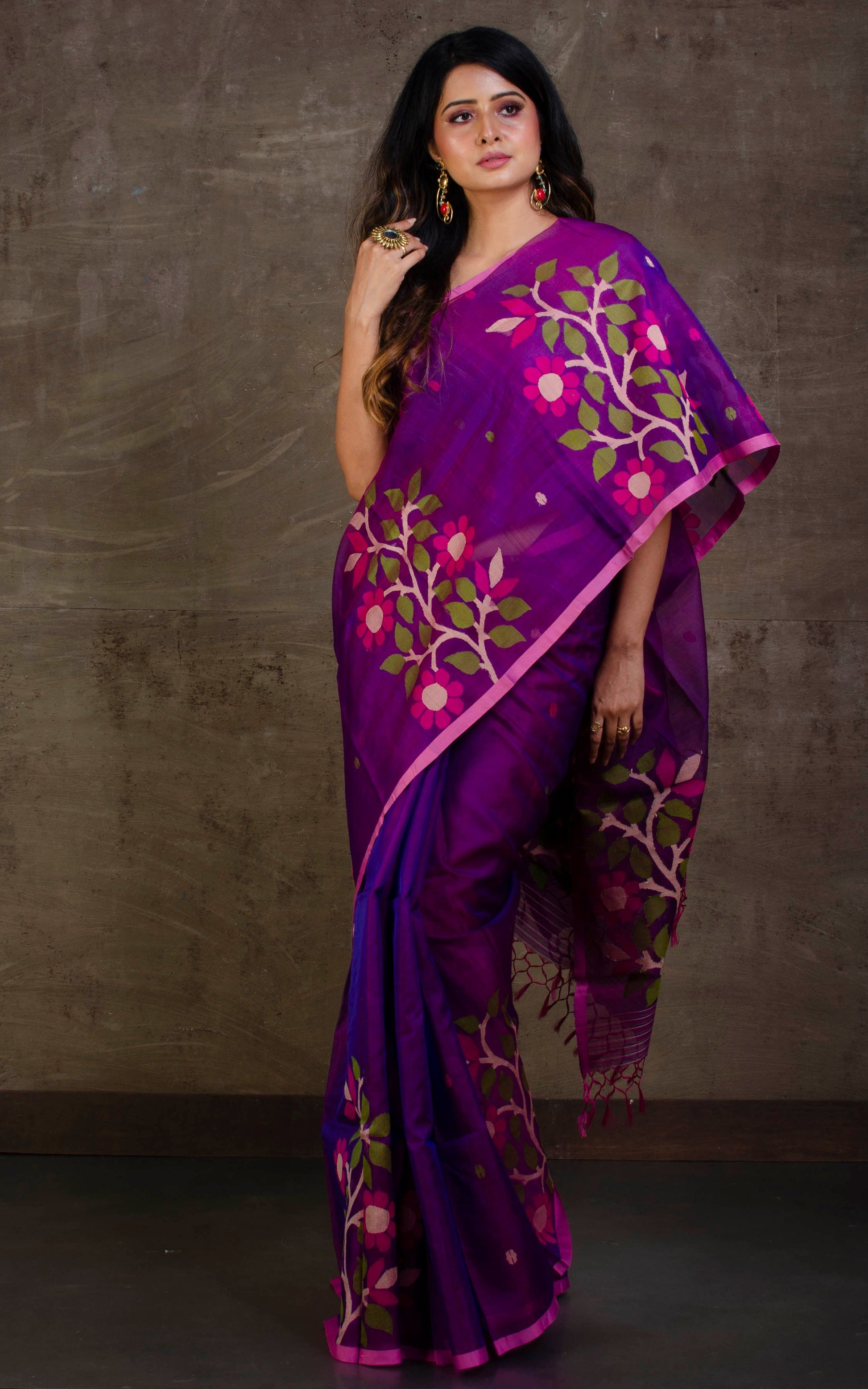 Premium Quality Silk Jamdani Saree in Purple, Pink and Multicolored Thread Work