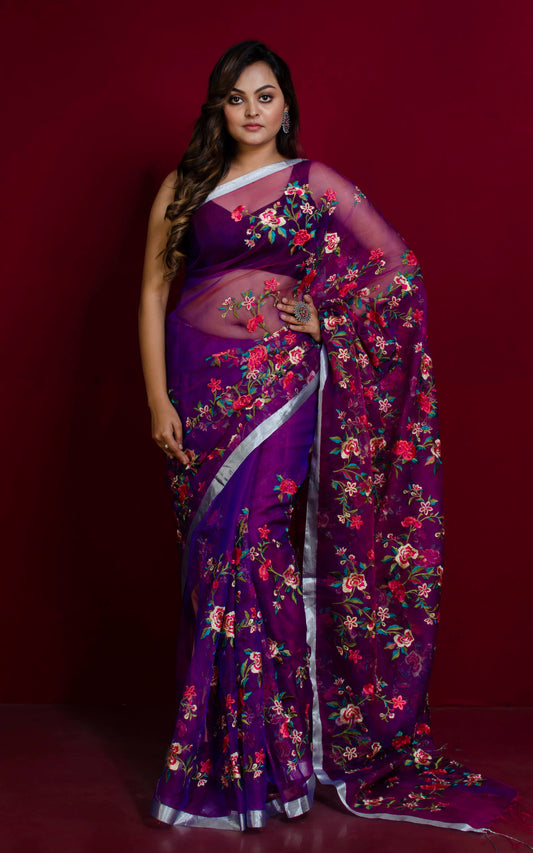 Parsi Embroidery Work Muslin Silk Saree in Russian Violet, Silver and Multicolored Thread Work