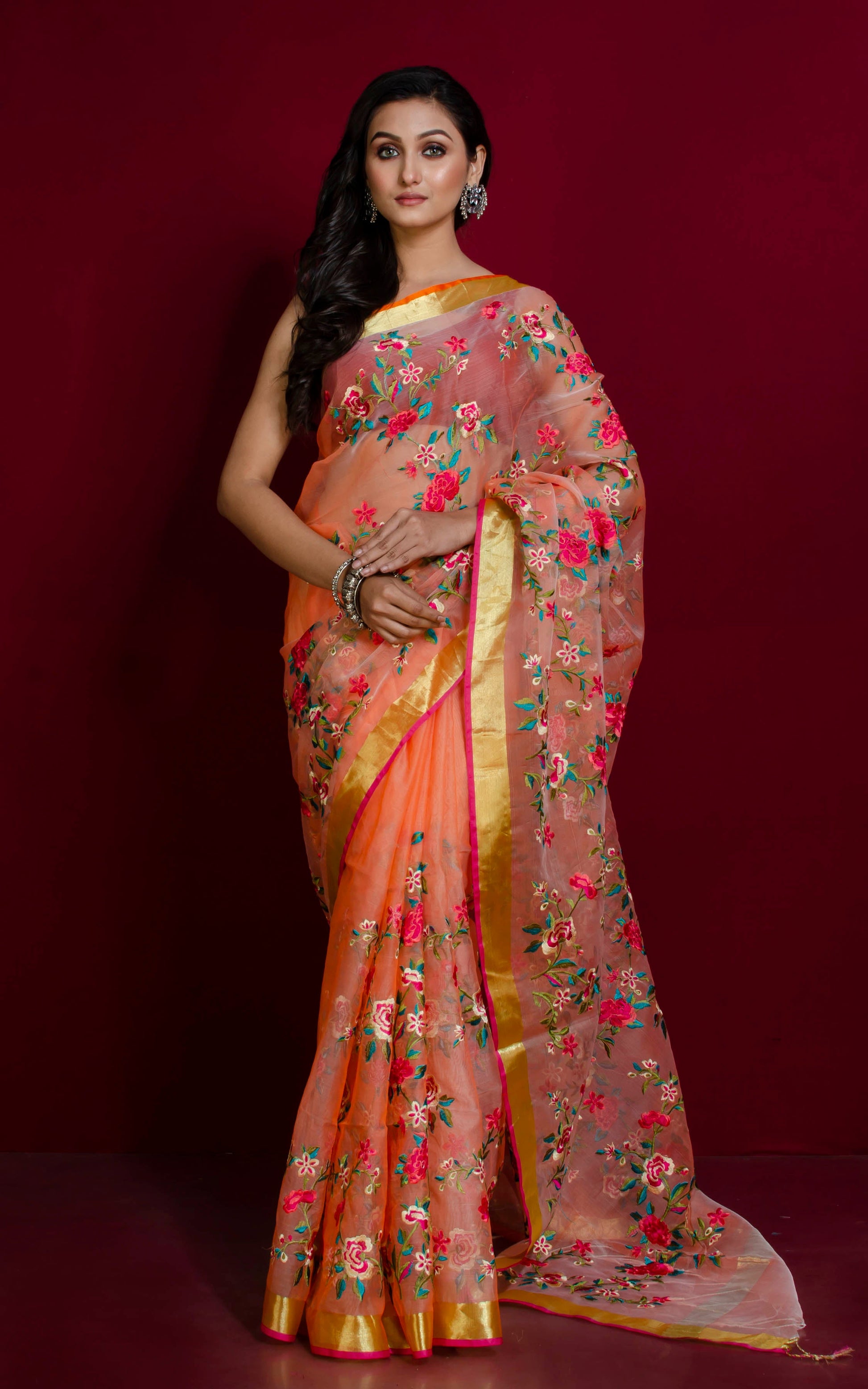 Parsi Embroidery Work Muslin Silk Saree in Peach and Multicolored Thread Work