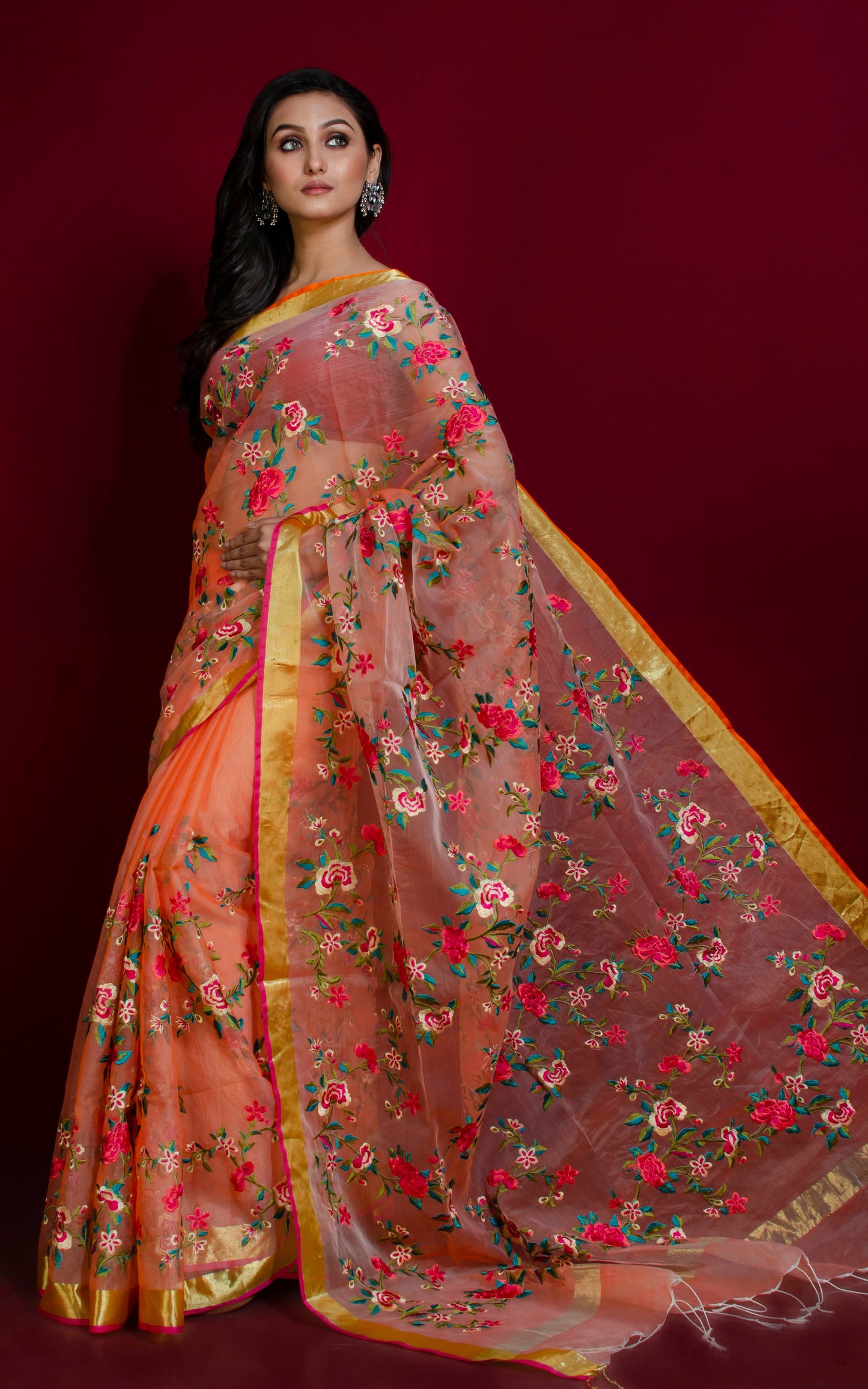 Parsi Embroidery Work Muslin Silk Saree in Peach and Multicolored Thread Work