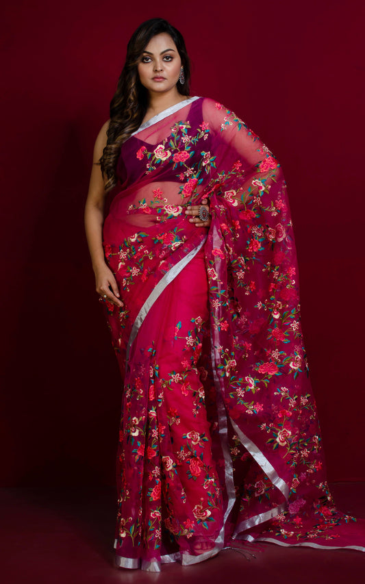 Parsi Embroidery Work Muslin Silk Saree in Hot Pink, Silver and Multicolored Thread Work