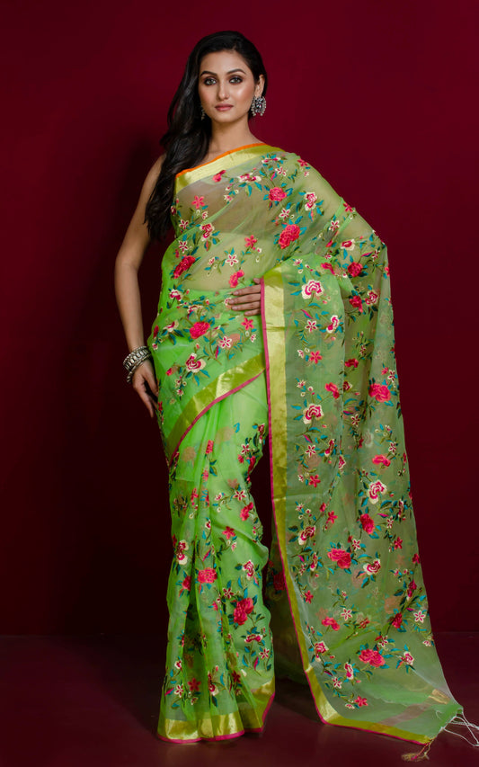 Parsi Embroidery Work Muslin Silk Saree in Lime Green and Multicolored Thread Work